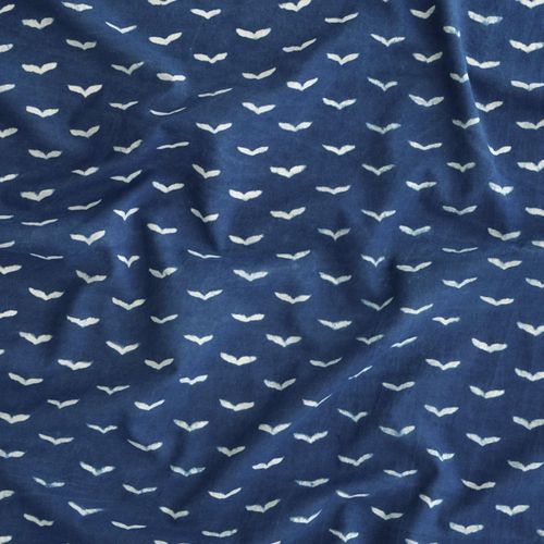 Block-Printed Cotton - Birds Print - Indigo Dye - Contrast