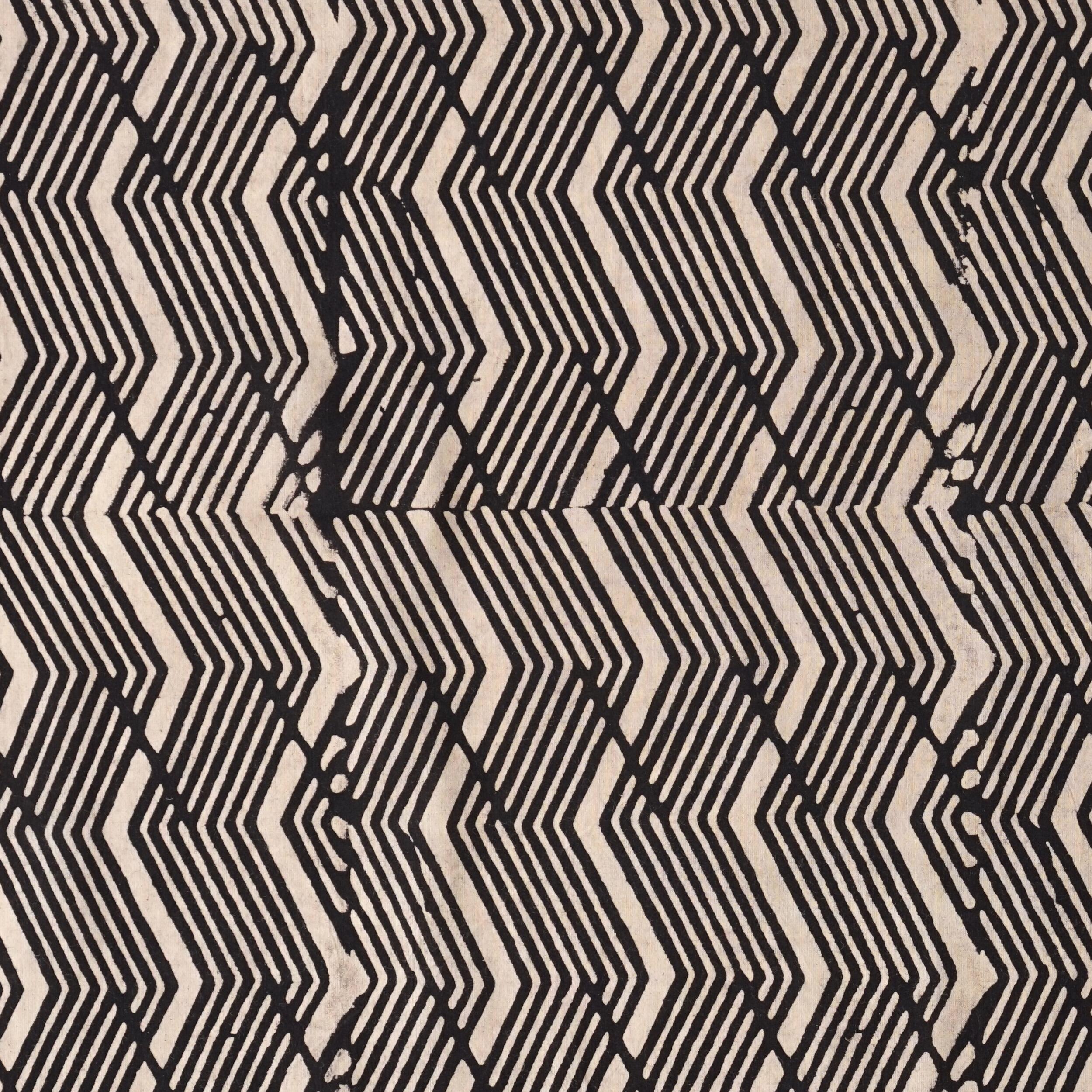 SIK19 - Woodblock-Printed Cotton Textile - Art Deco Wave Design - Black Iron Dye - Flat