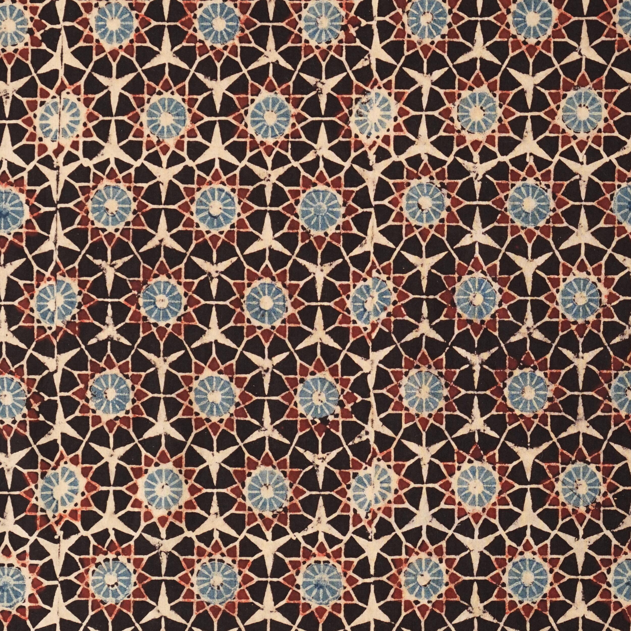 Block Printed Fabric, 100% Cotton, Ajrak Design: Black Base, Madder Root Red, Blue, Cream Burst. Flat