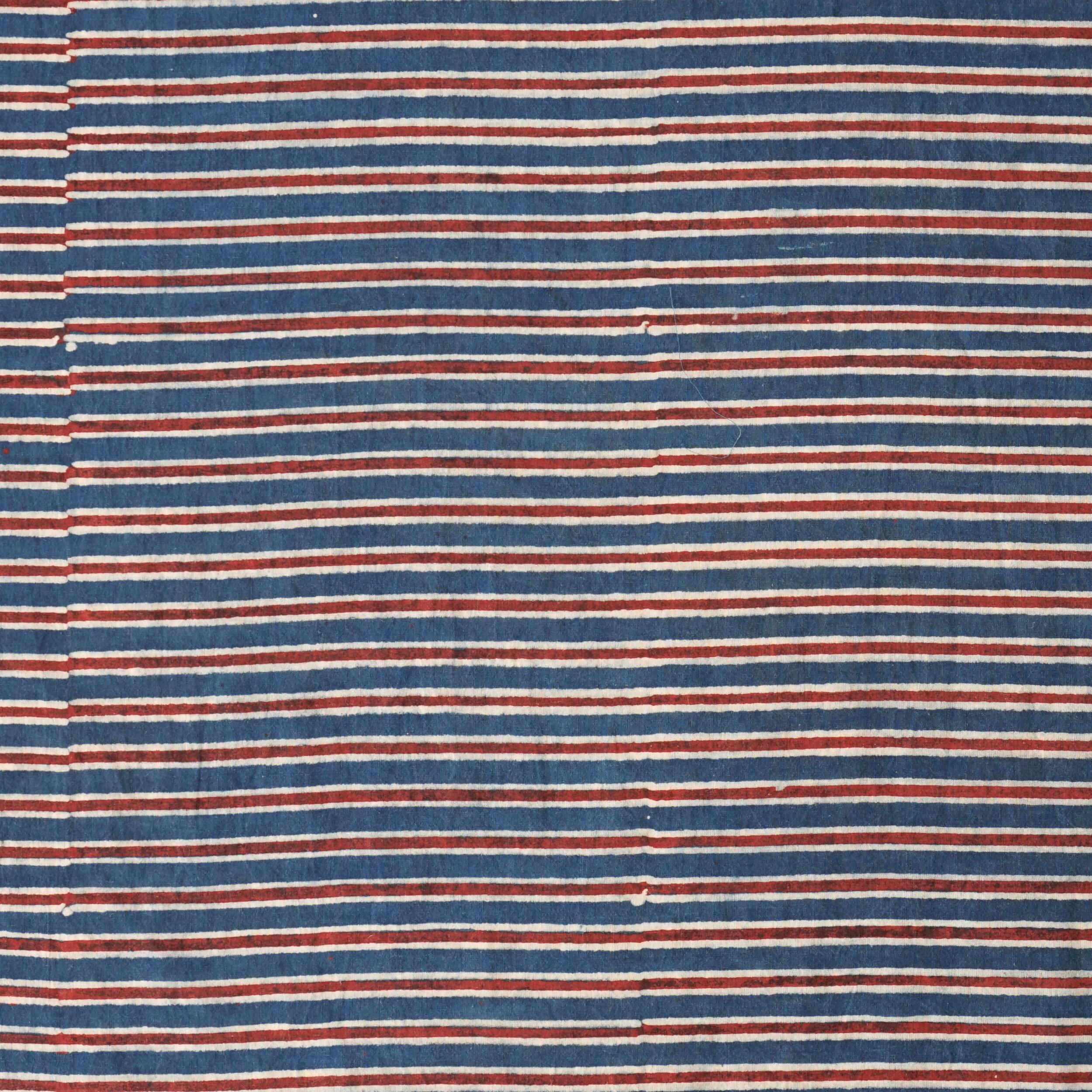 3 - SIK57 - Hand Block-Printed Cotton - Lines Design - Red Alizarin, Indigo Blue, Black Dyes - Flat