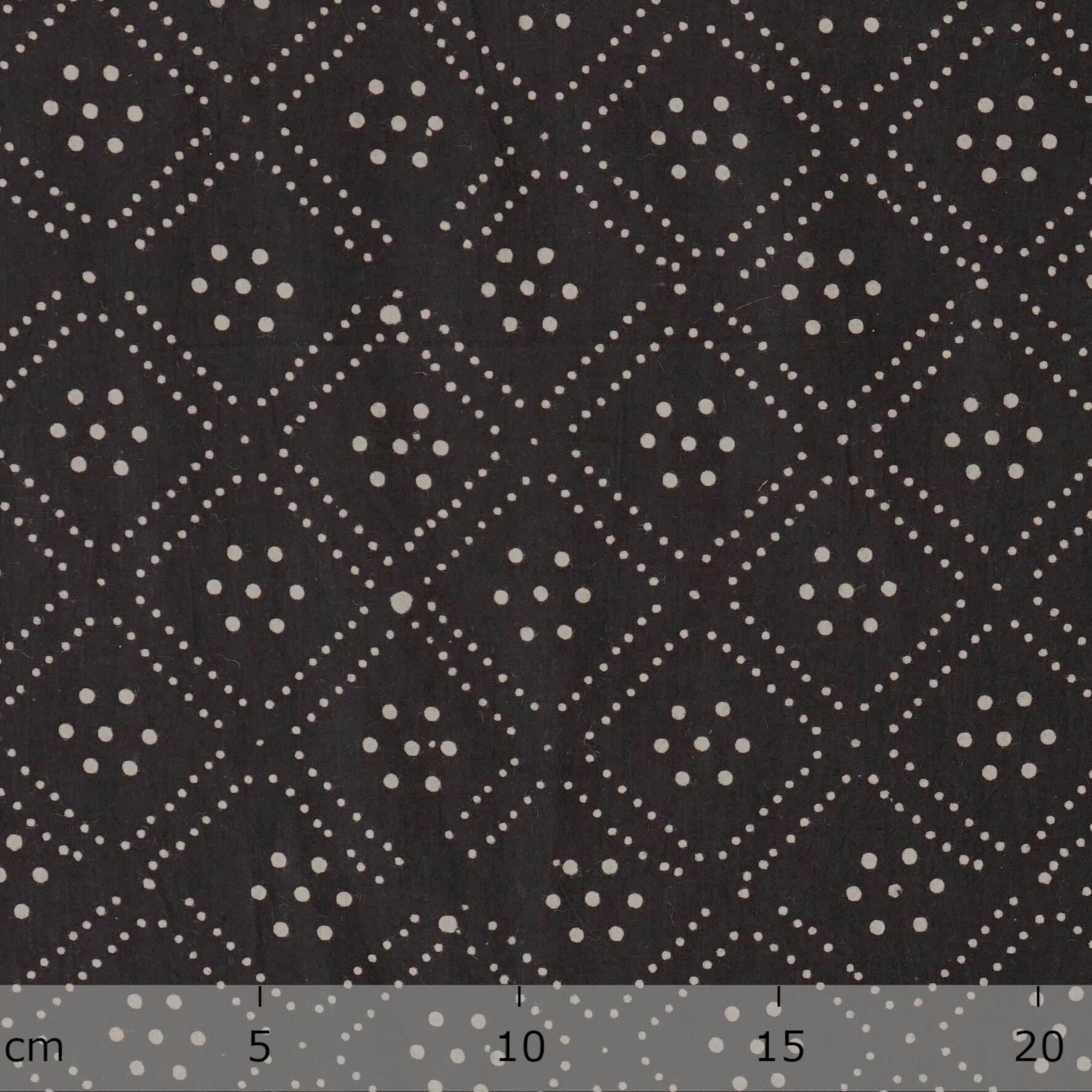 AHM24 - Block Printed Fabric, 100% Cotton, Ajrak Design / Black Diamond Dots. Ruler