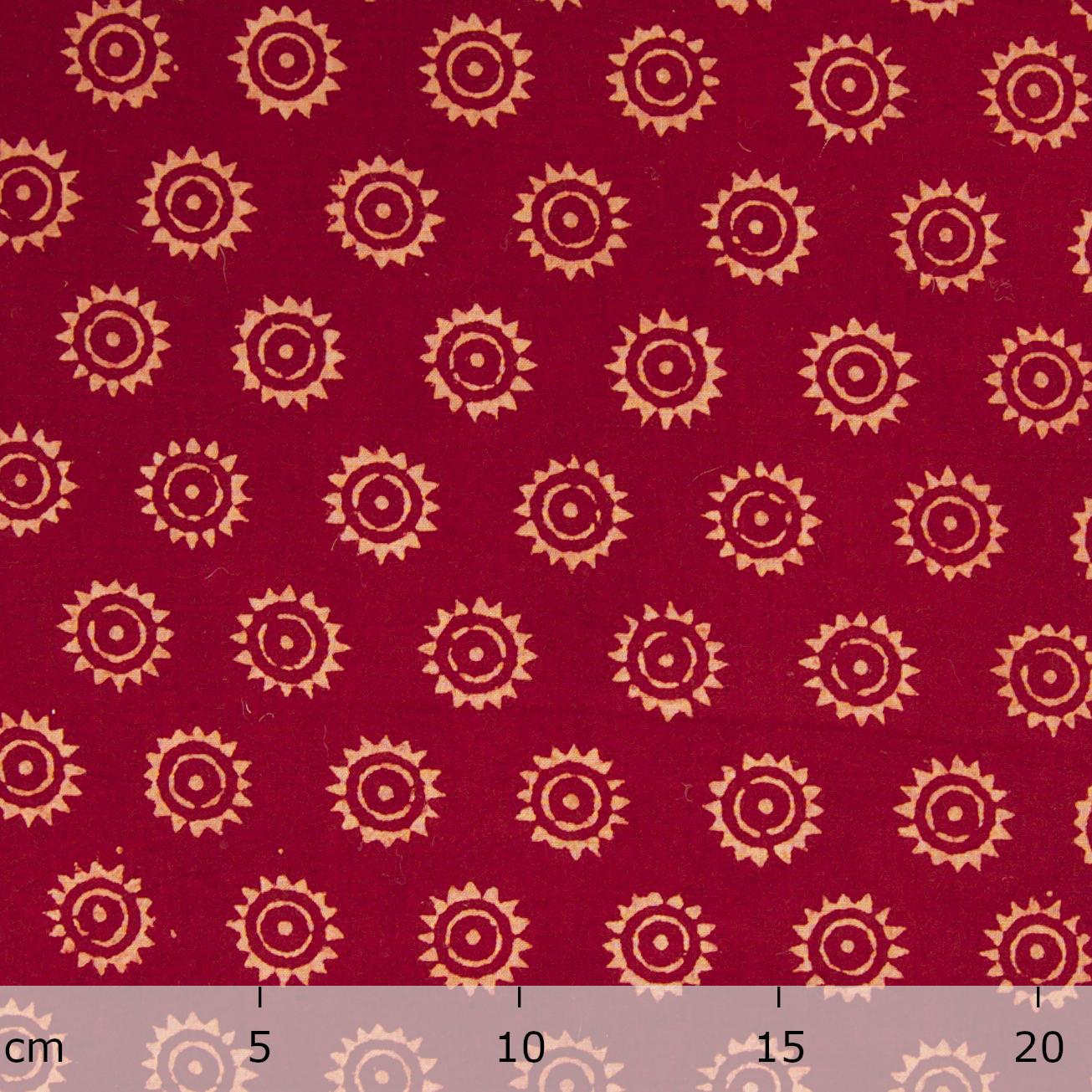 Block Printed Fabric, 100% Cotton, Ajrak Design: Red Base, Beige Sun. Ruler