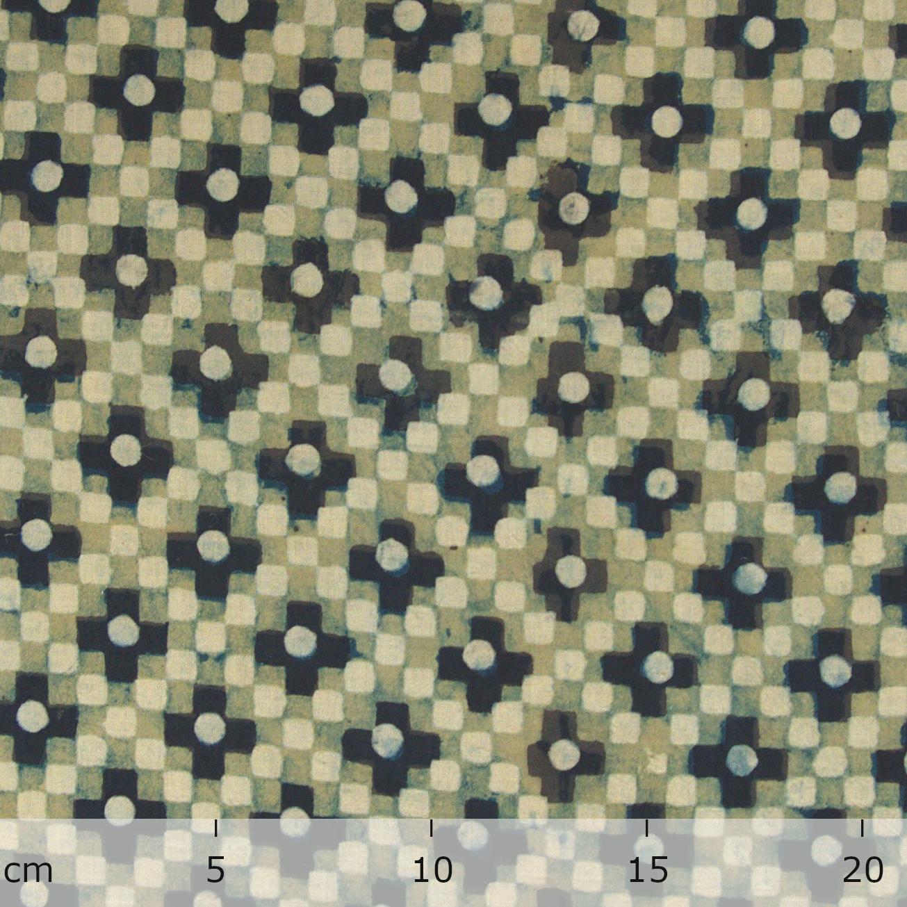 Block Printed Fabric, 100% Cotton, Ajrak Design: Turquoise Base, Blue, Lime Square. Ruler
