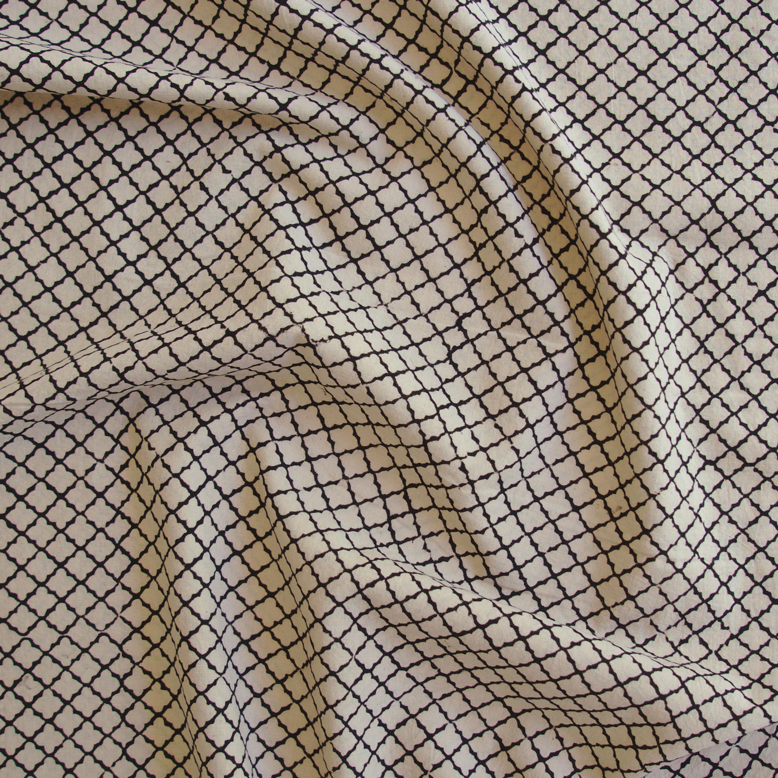 Block Printed Fabric, 100% Cotton, Ajrak Design: Beige Base, Iron Black Clover. Contrast