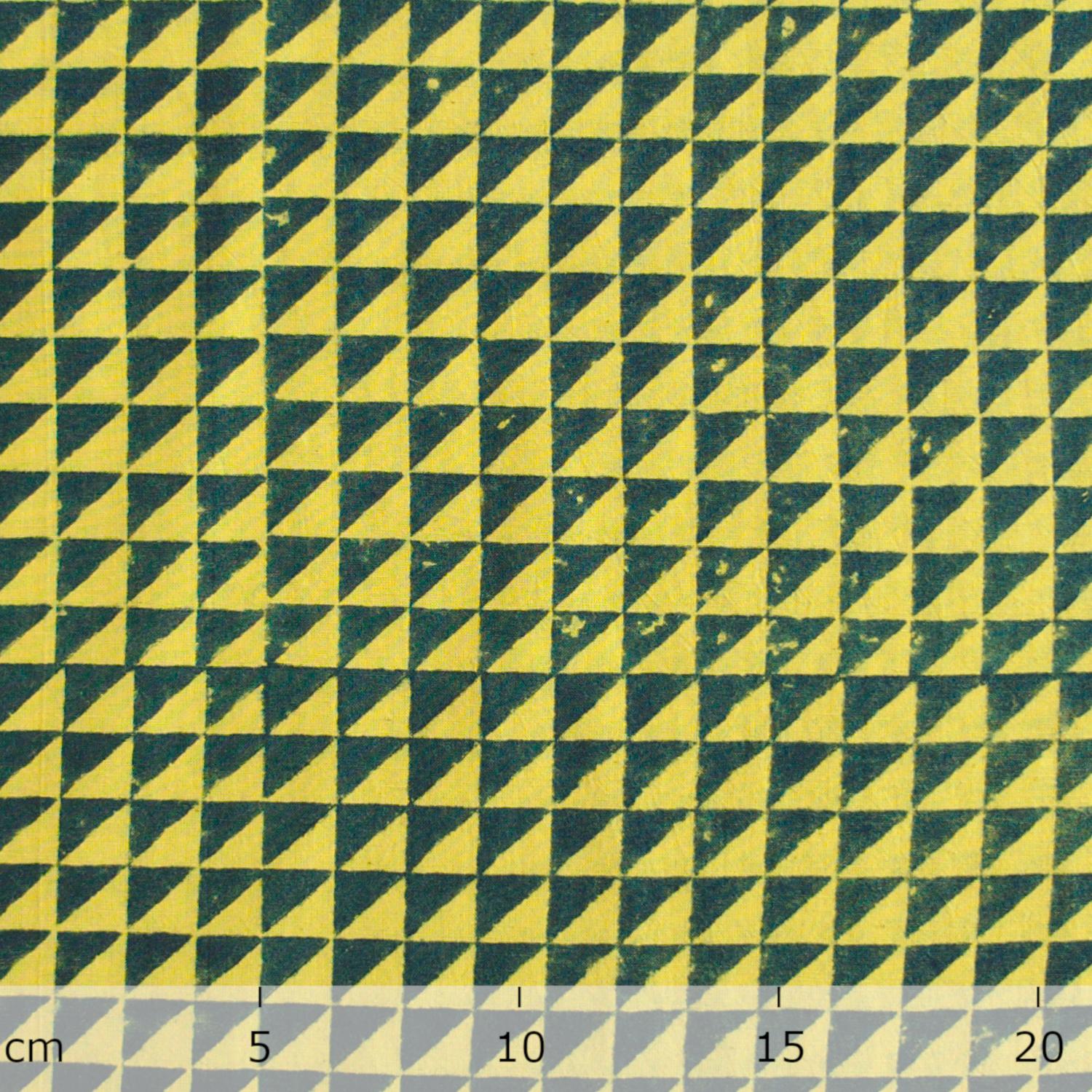 SIK27 - Block-Printed Cotton Fabric From India - Half Squares Design - Pomegranate Yellow and Green Indigo Dye - Ruler