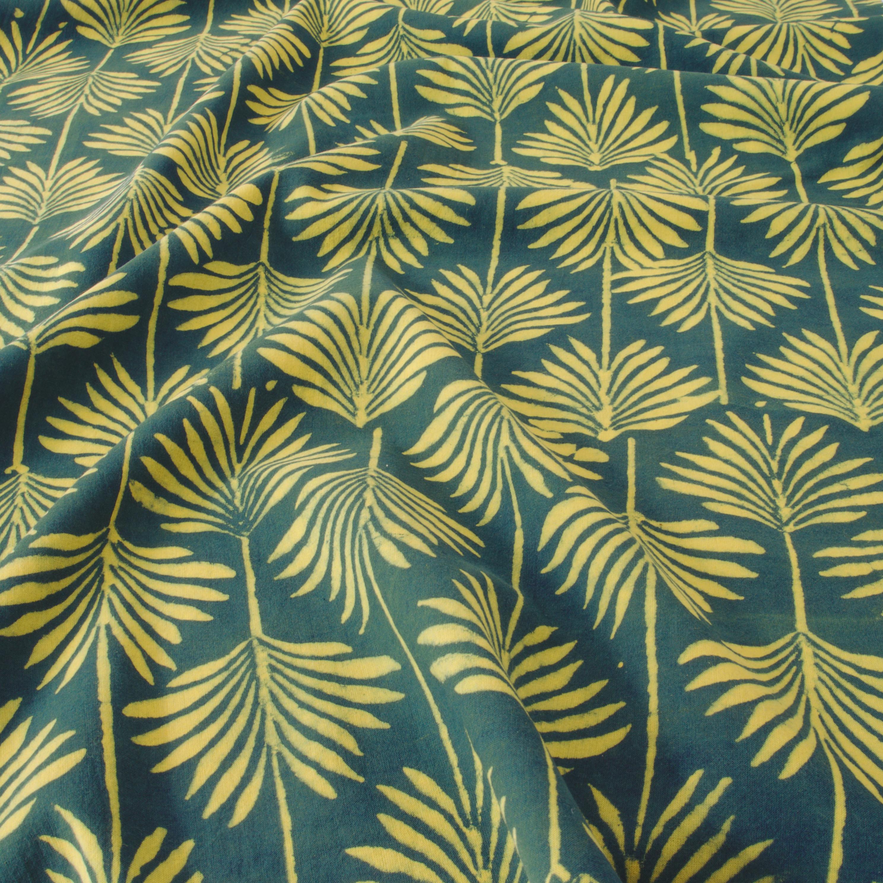 1 - SIK48 - Hand Block-Printed Cotton - Negril Palm Design - Green & Yellow Dye - Angle