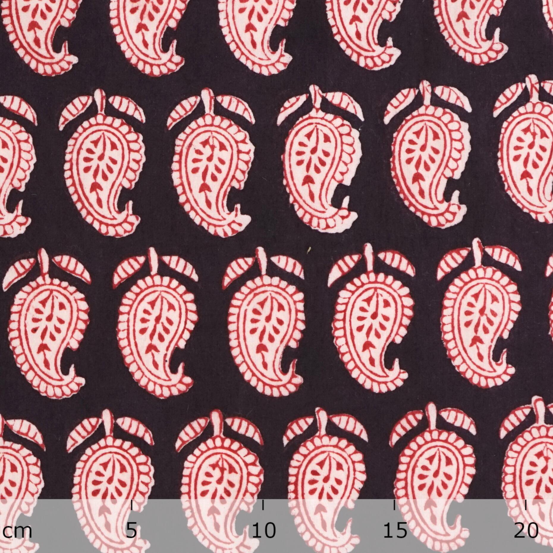 100% Block-Printed Cotton Fabric From India - Cactus Design - Iron Rust Black & Alizarin Red Dyes - Ruler