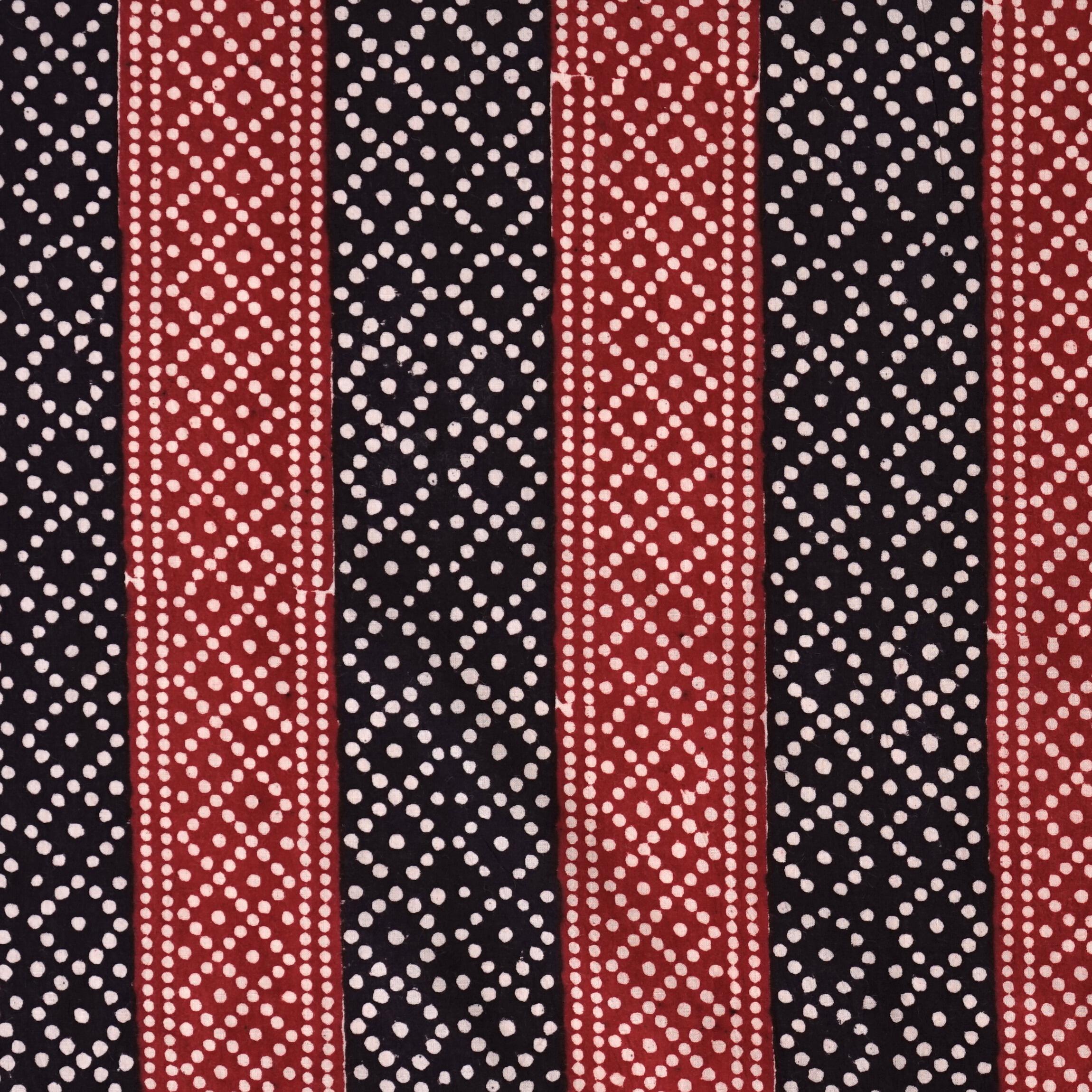 100% Block-Printed Cotton Fabric From India - Pixels Design - Iron Rust Black & Alizarin Red Dyes - Flat