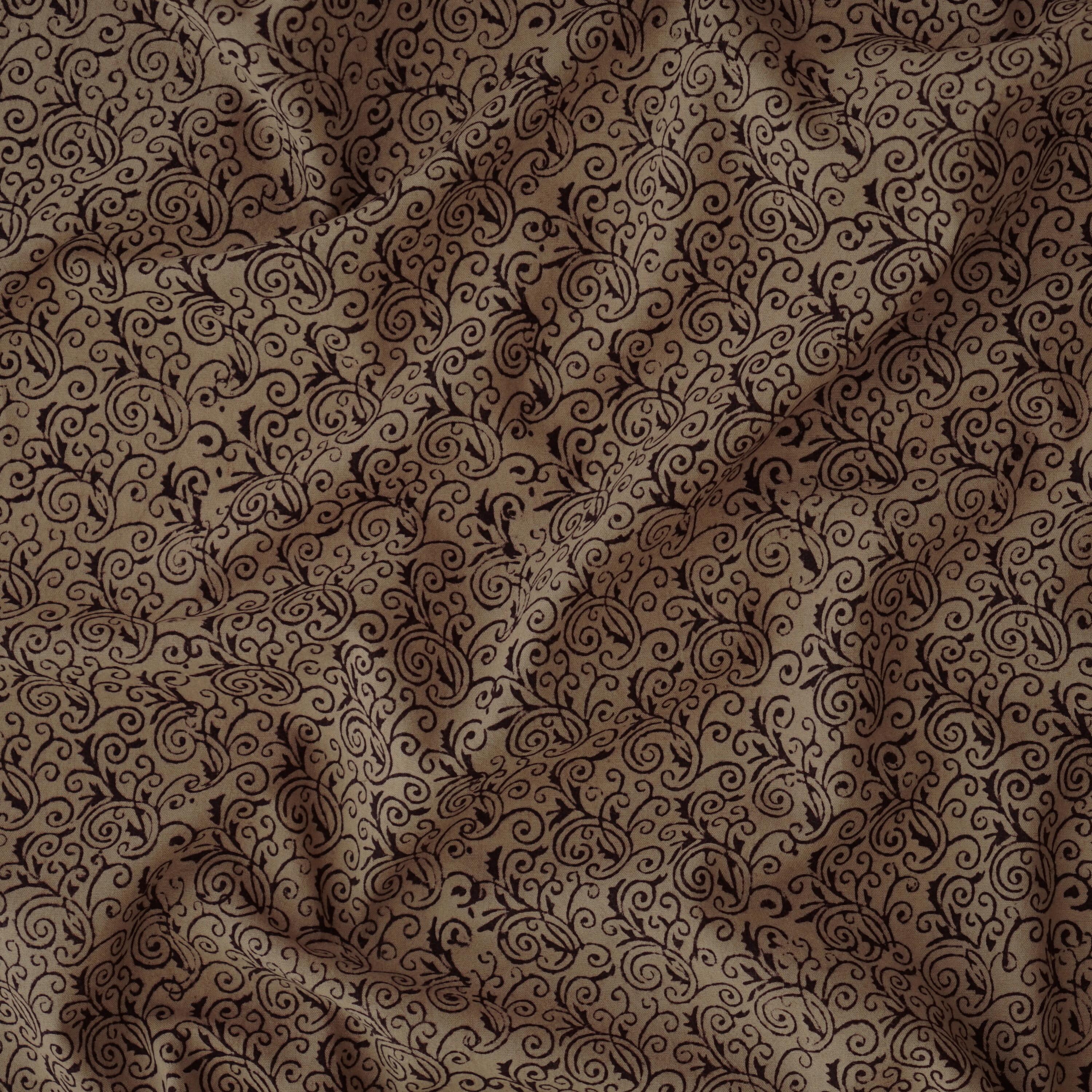 100% Block-Printed Cotton Fabric From India- Bagh - Iron Rust Black & Indigosol Khaki - Quetico Print - Contrast