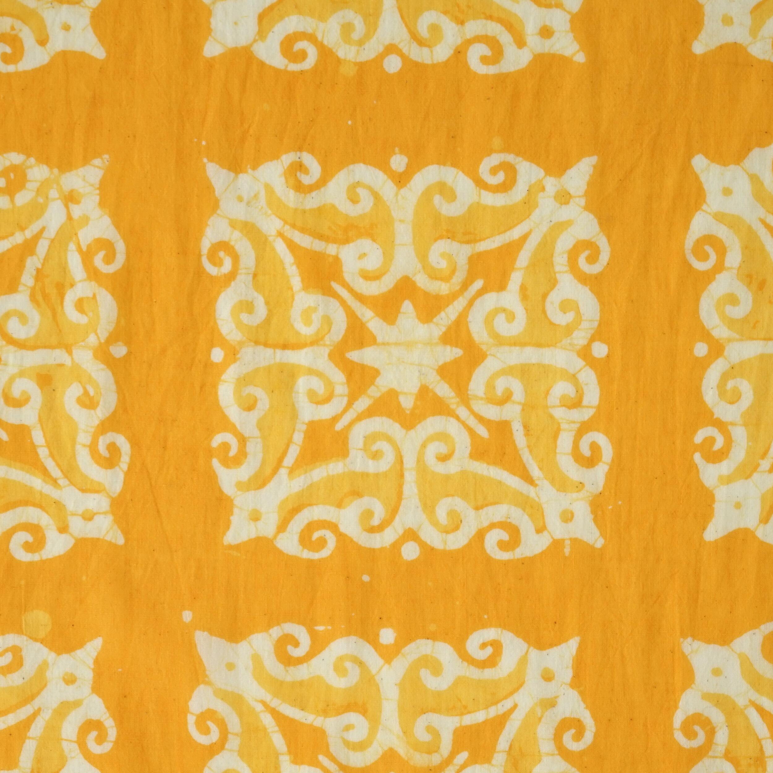 100% Block-Printed Batik Cotton Fabric From India - Sunkissed Design - Yellow Dye - Flat
