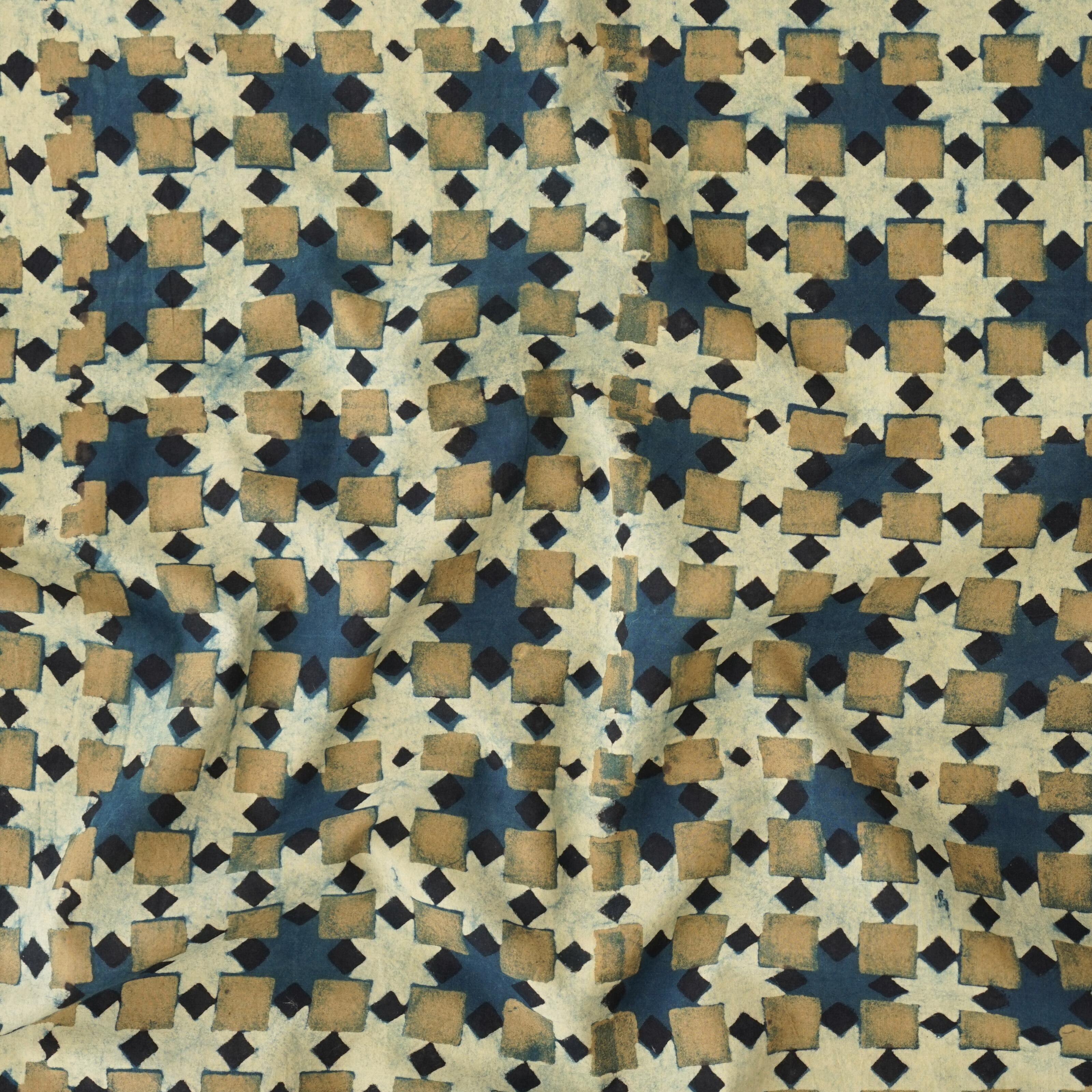 SIK63 - Block-Printed Fabric - 100% Cotton Cloth - Indigo & Yellow Dyes - Blueberry Trifle - Contrast