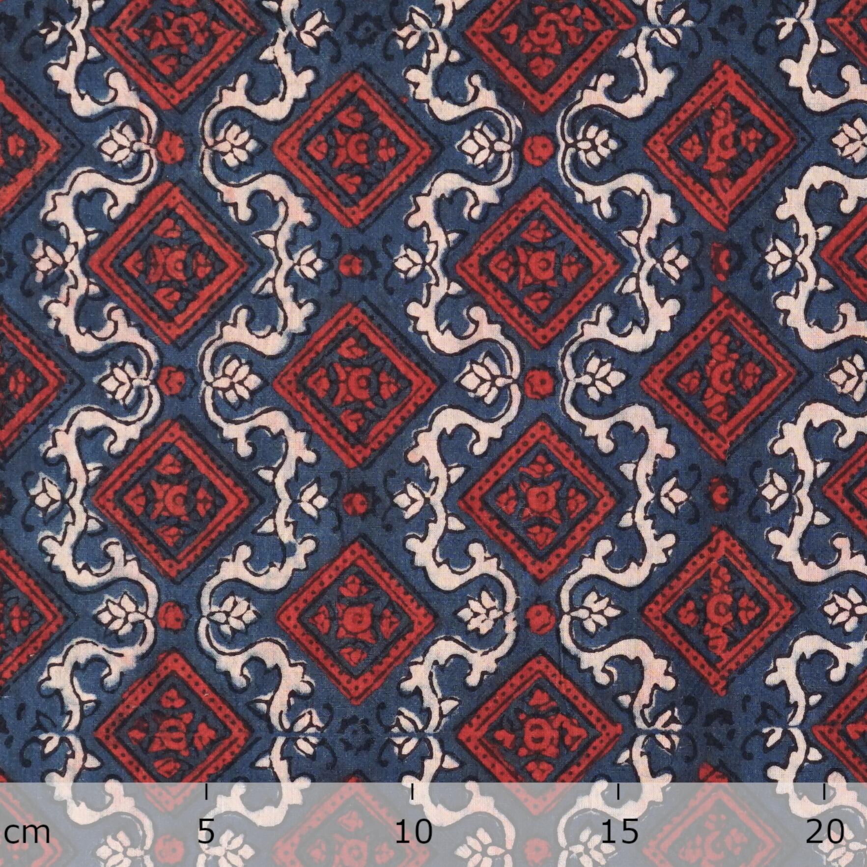 Block Printed Fabric, 100% Cotton, Ajrak Design: Blue Base, White Vine, Red Square. Ruler