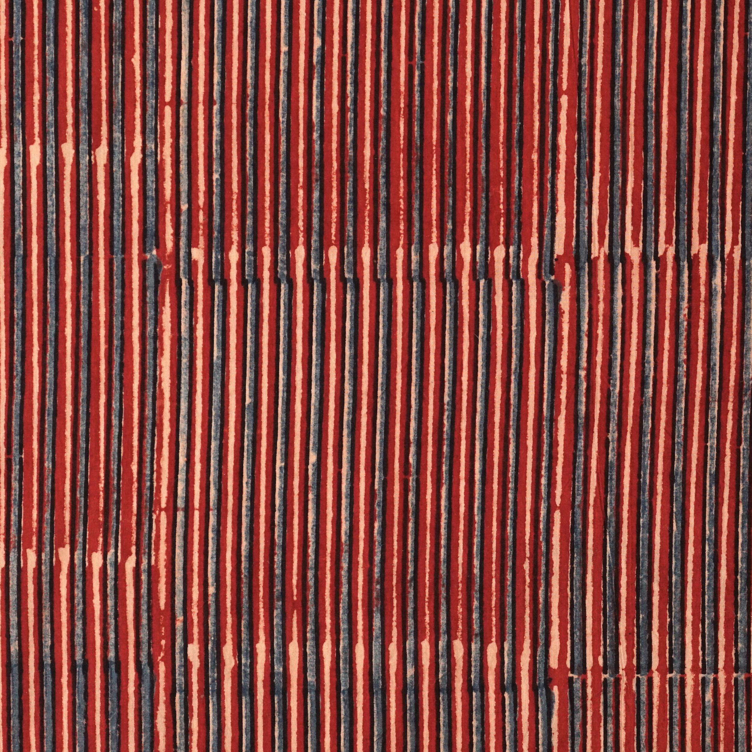 Block Printed Fabric, 100% Cotton, Ajrak Design: Red Base, Pink Lines, Purple Lines. Flat