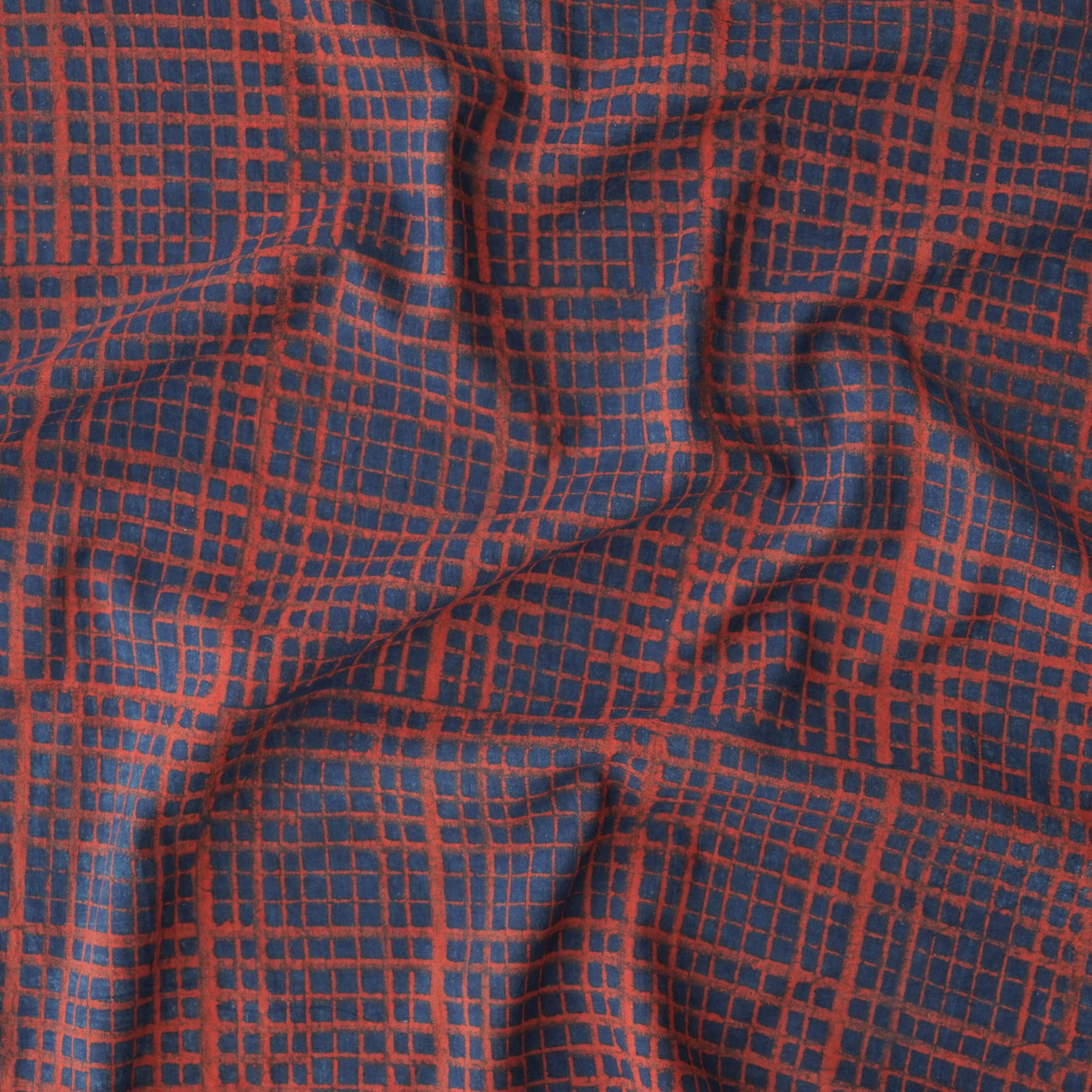 100% Block-Printed Cotton Fabric from India - Ajrak - Indigo Alizarin Slubbed Grid Print - Contrast