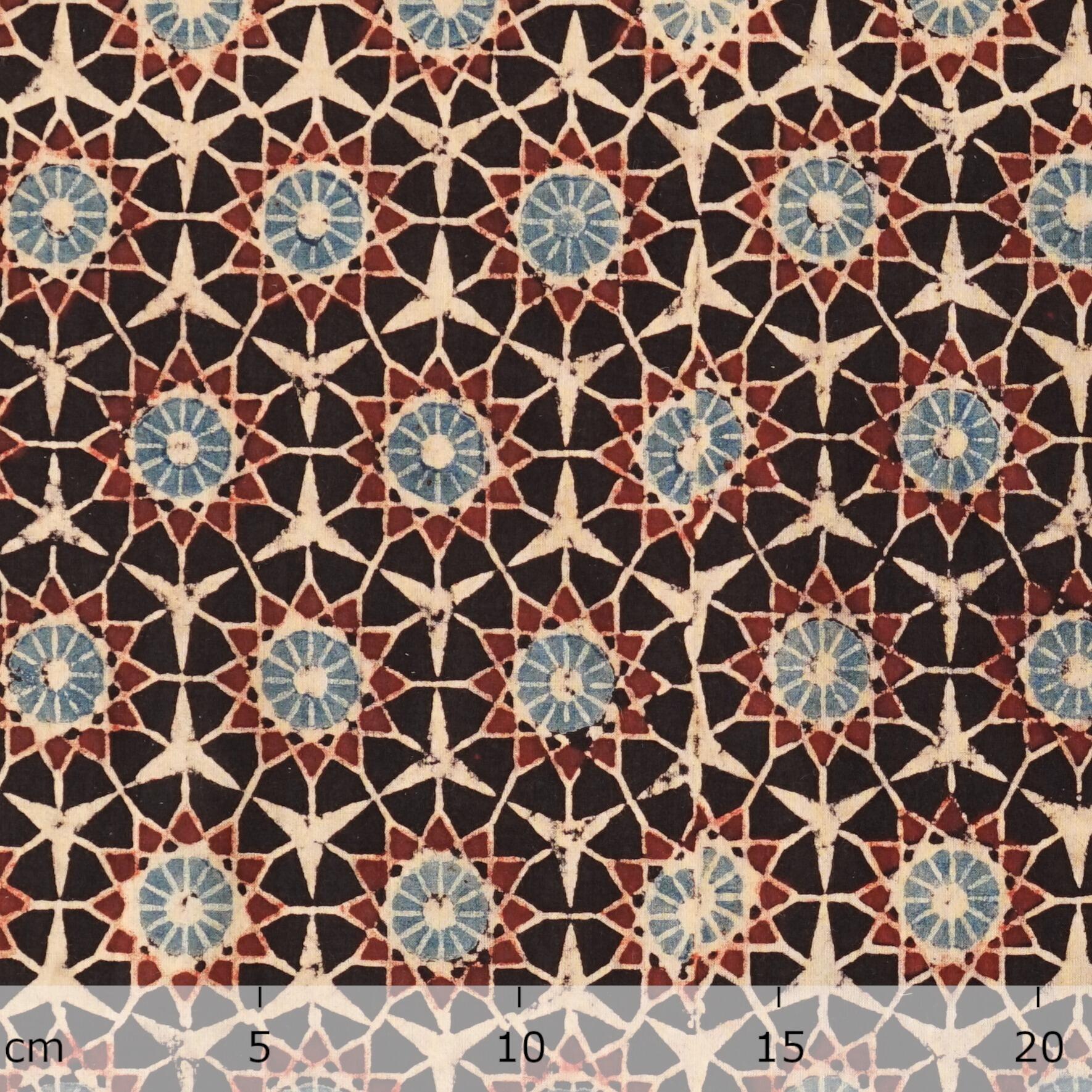 Block Printed Fabric, 100% Cotton, Ajrak Design: Black Base, Madder Root Red, Blue, Cream Burst. Ruler