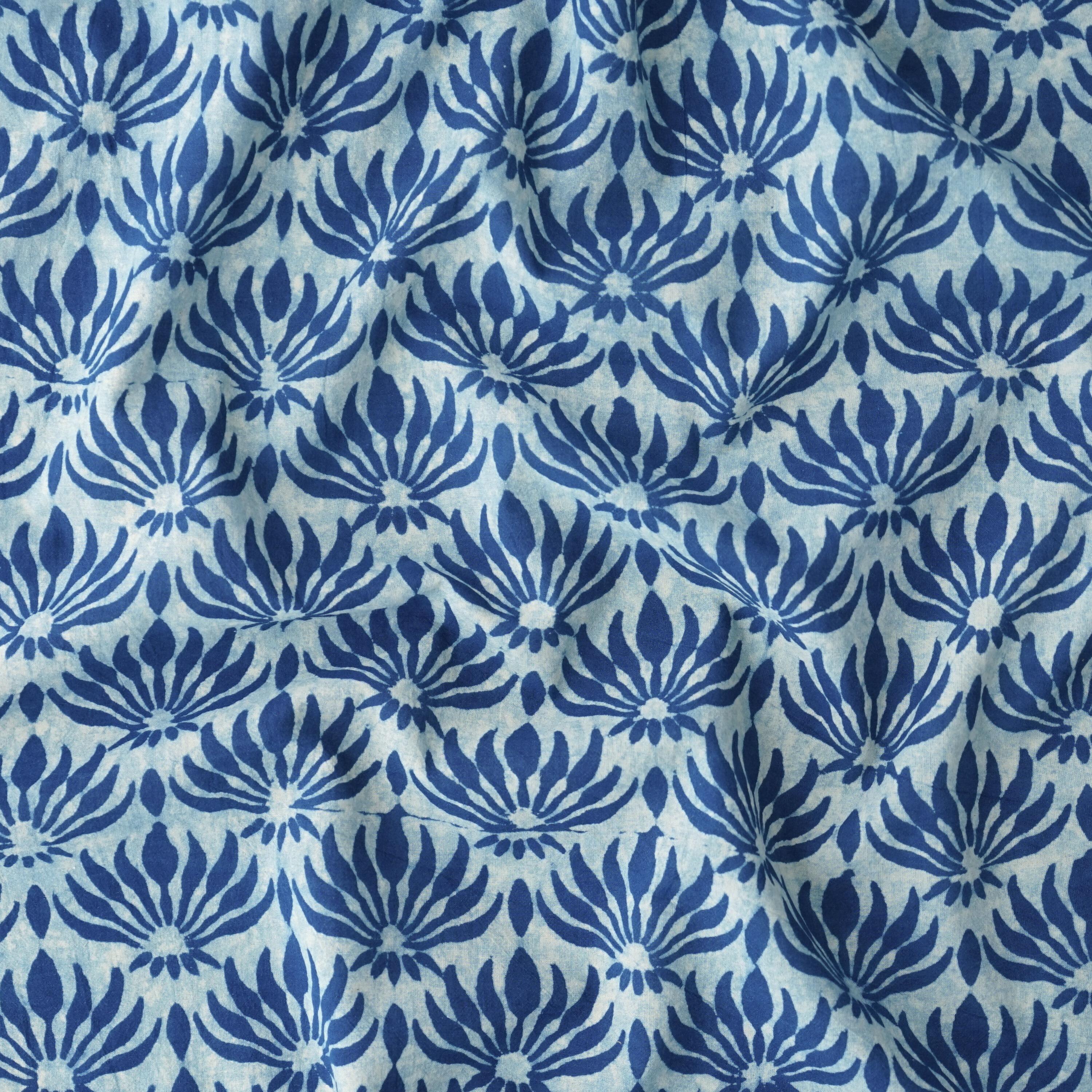 100% Block-Printed Cotton Fabric from India - Ajrak - Indigo White Lotus Flower Print - Contrast