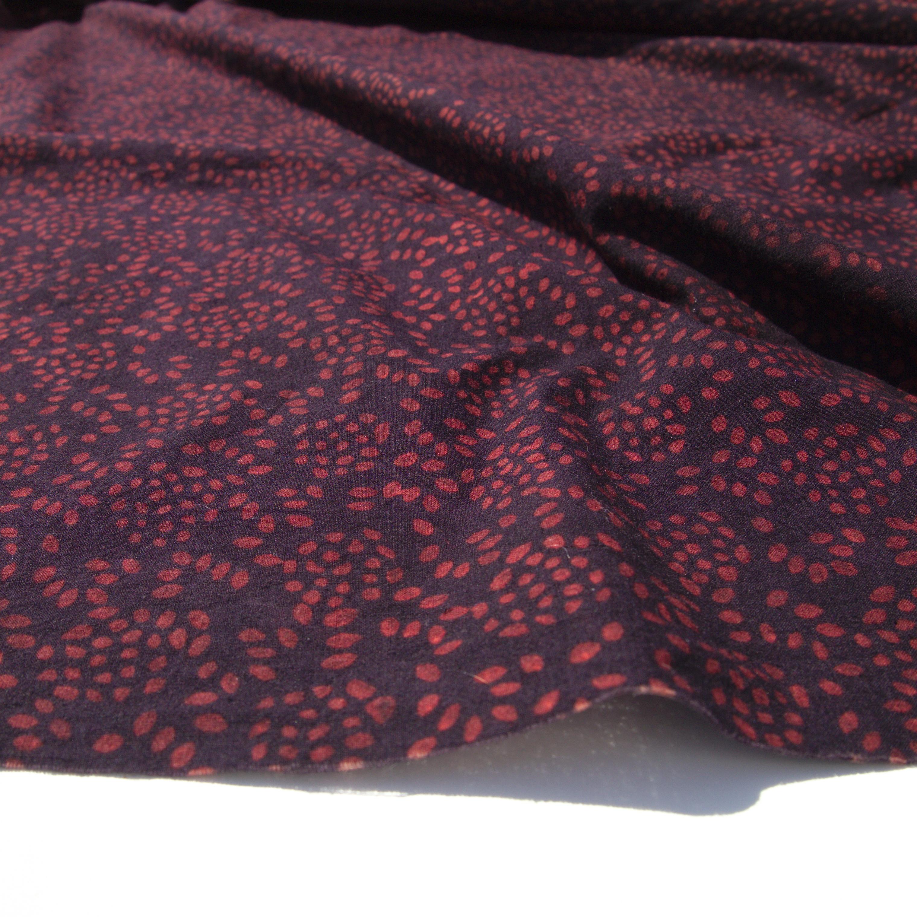 100% Block-Printed Cotton Fabric From India- Ajrak - Black Alizarin Autumn Print - Angle