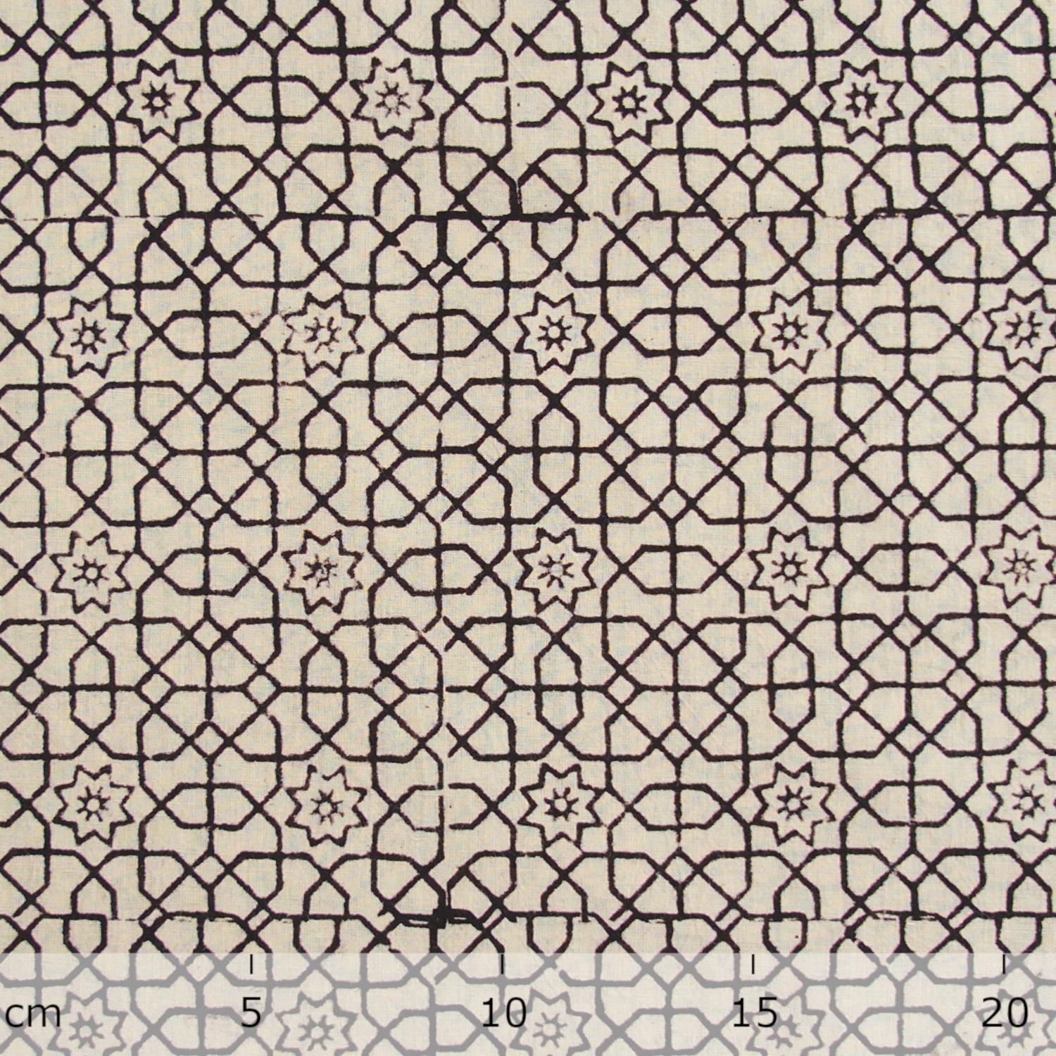 Block Printed Fabric, 100% Cotton, Ajrak Design: Beige Base, Iron Black Octagon. Ruler