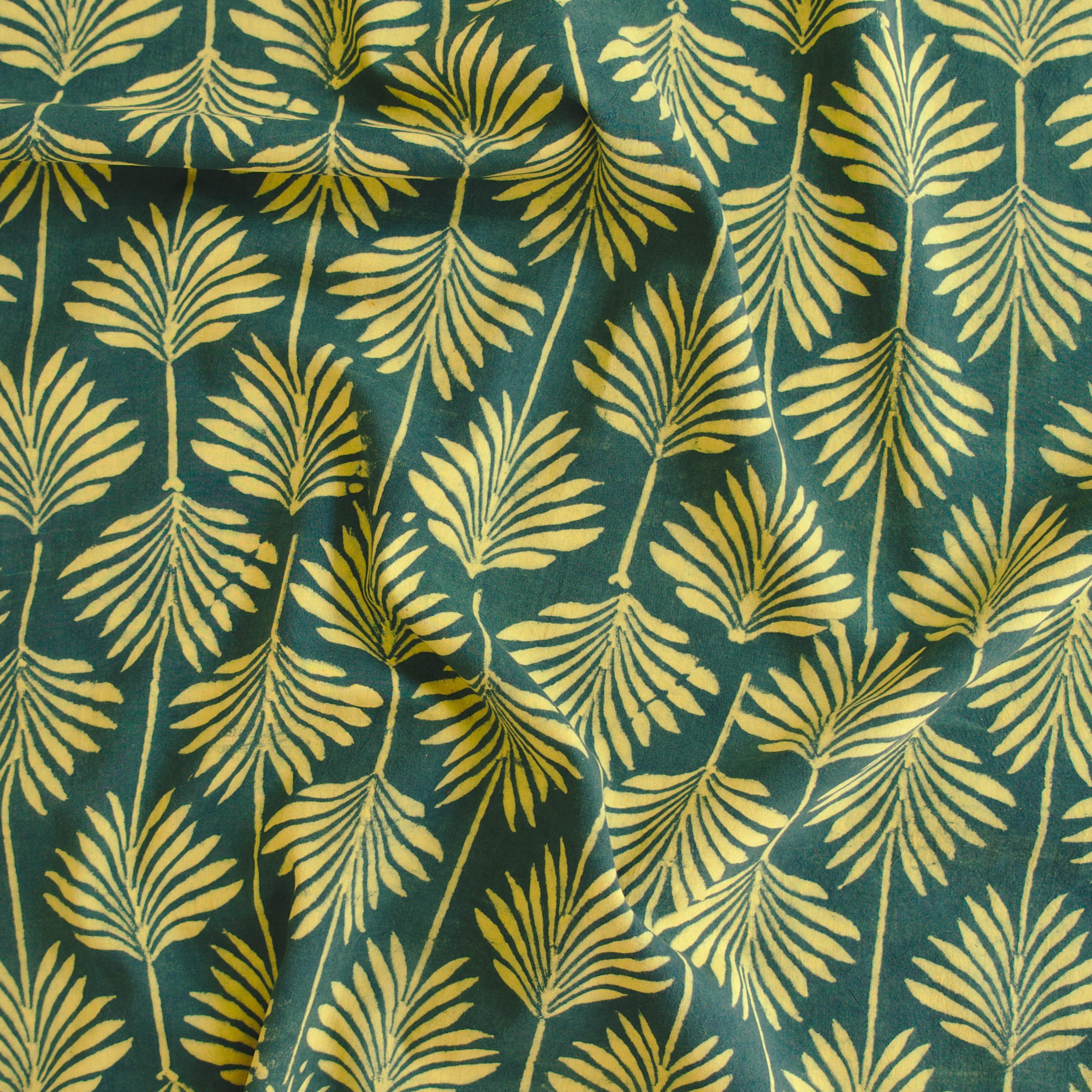 2 - SIK48 - Hand Block-Printed Cotton - Negril Palm Design - Green & Yellow Dye - Contrast