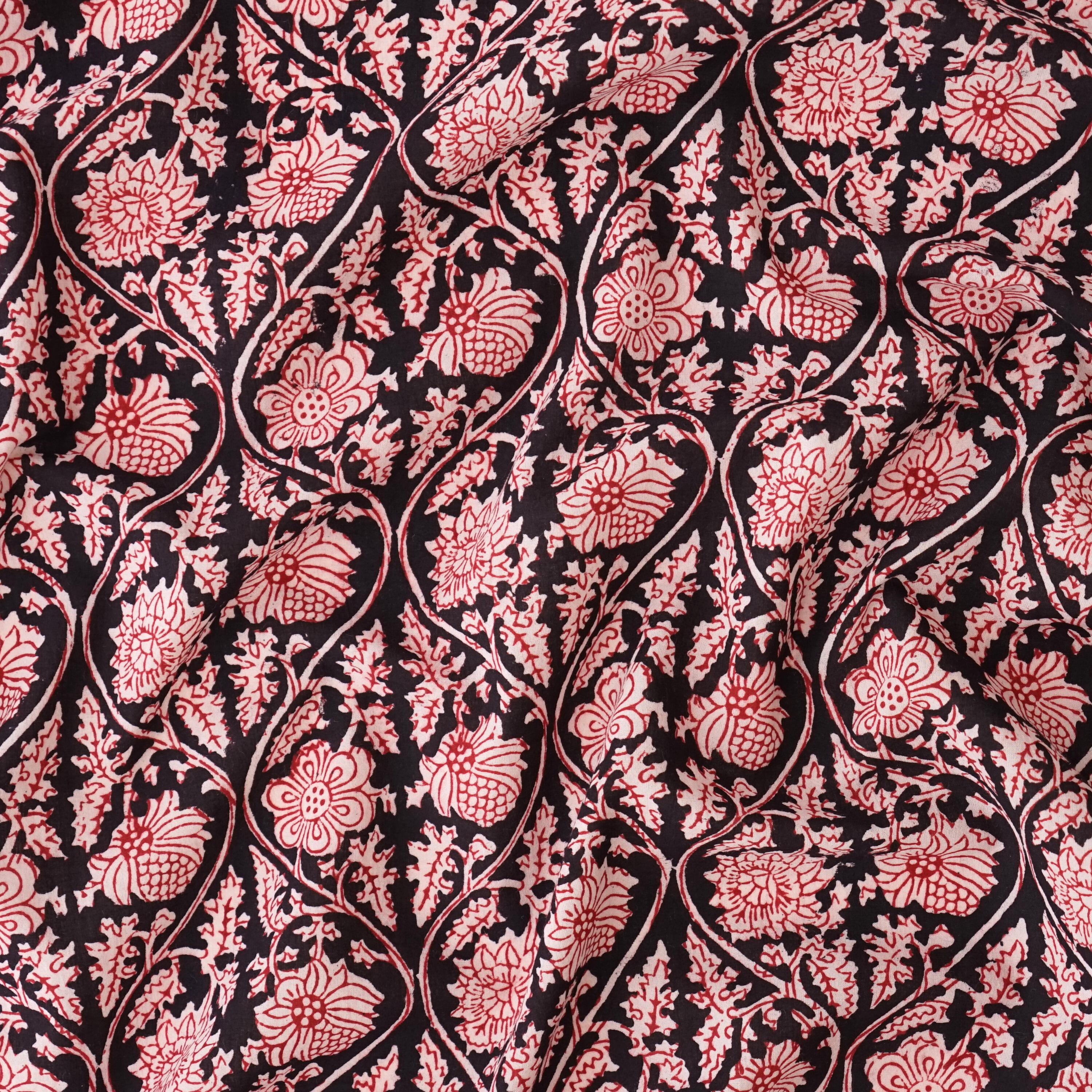 100% Block-Printed Cotton Fabric From India - Vinea Design - Iron Rust Black & Alizarin Red Dyes - Contrast