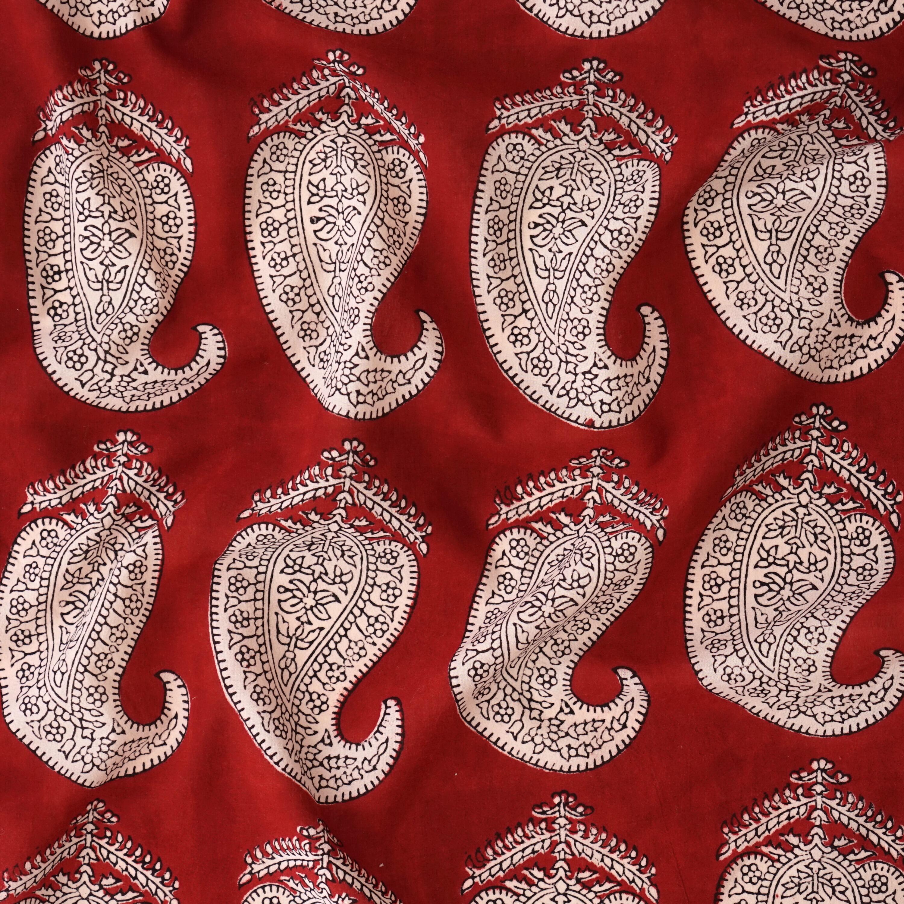 100% Block-Printed Cotton Fabric From India - Breadfruit Design - Iron Rust Black & Alizarin Red Dyes - Contrast