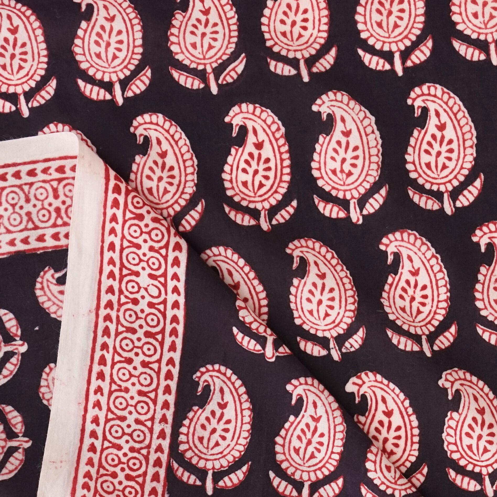 100% Block-Printed Cotton Fabric From India - Cactus Design - Iron Rust Black & Alizarin Red Dyes - Selvedge