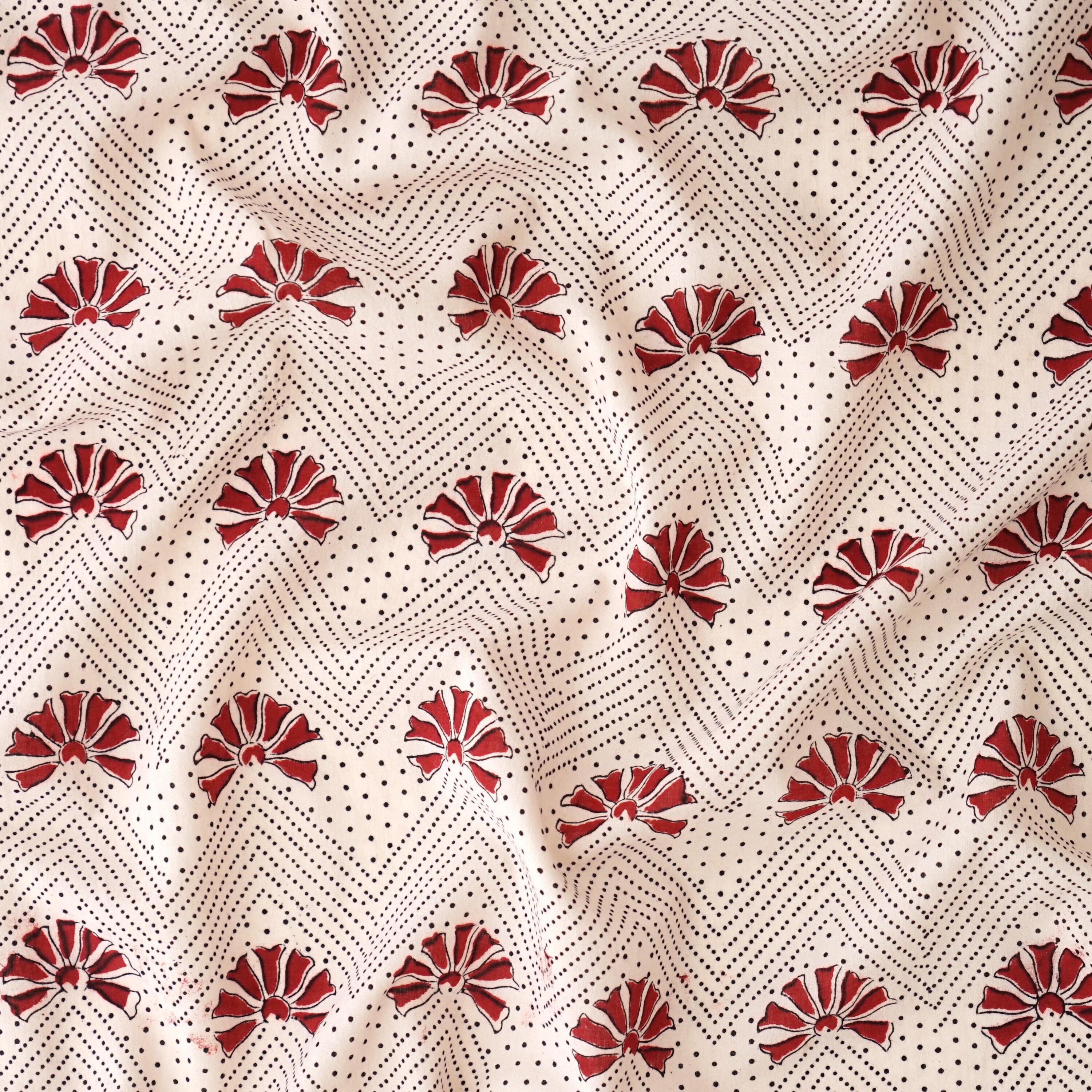 100% Block-Printed Cotton Fabric From Bagh, India - Escape to the Beach - Iron Rust Black & Alizarin Red Dyes - Contrast