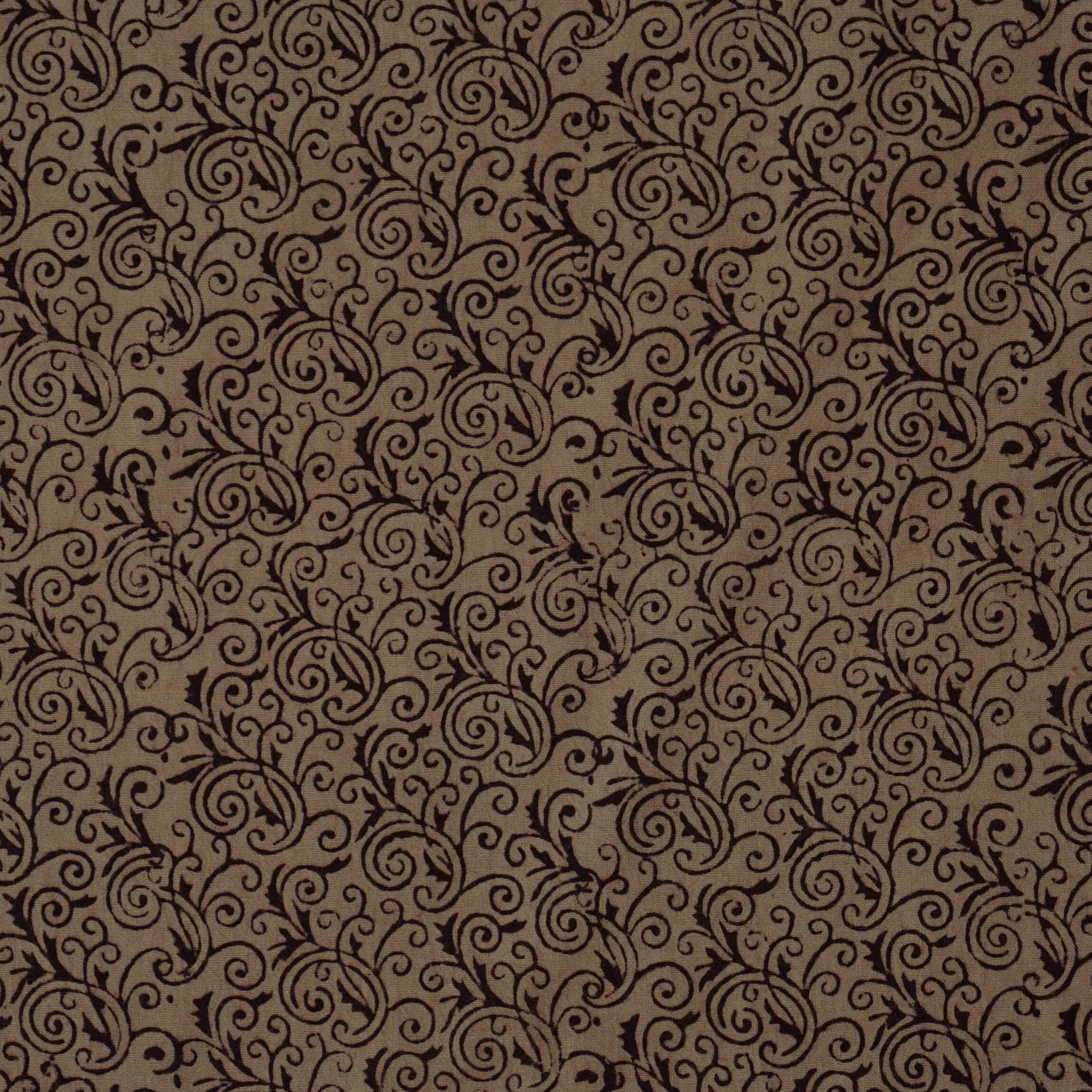 100% Block-Printed Cotton Fabric From India- Bagh - Iron Rust Black & Indigosol Khaki - Quetico Print - Flat