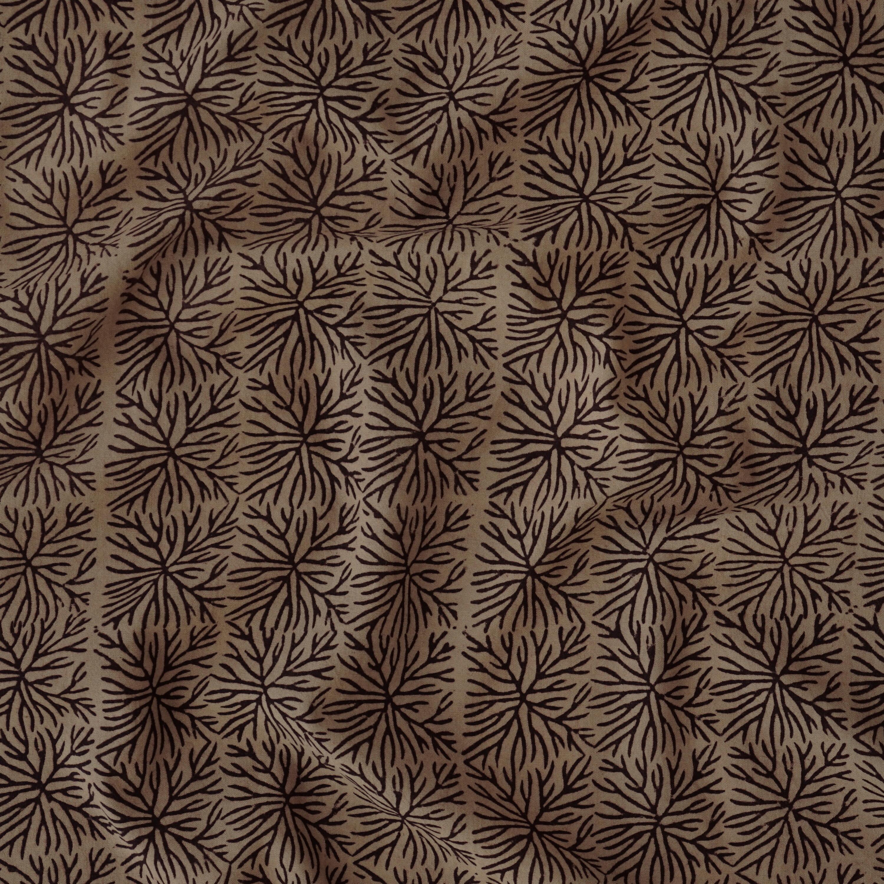 100% Block-Printed Cotton Fabric From India- Bagh - Iron Rust Black & Indigosol Khaki - Pagan Crown Print - Contrast