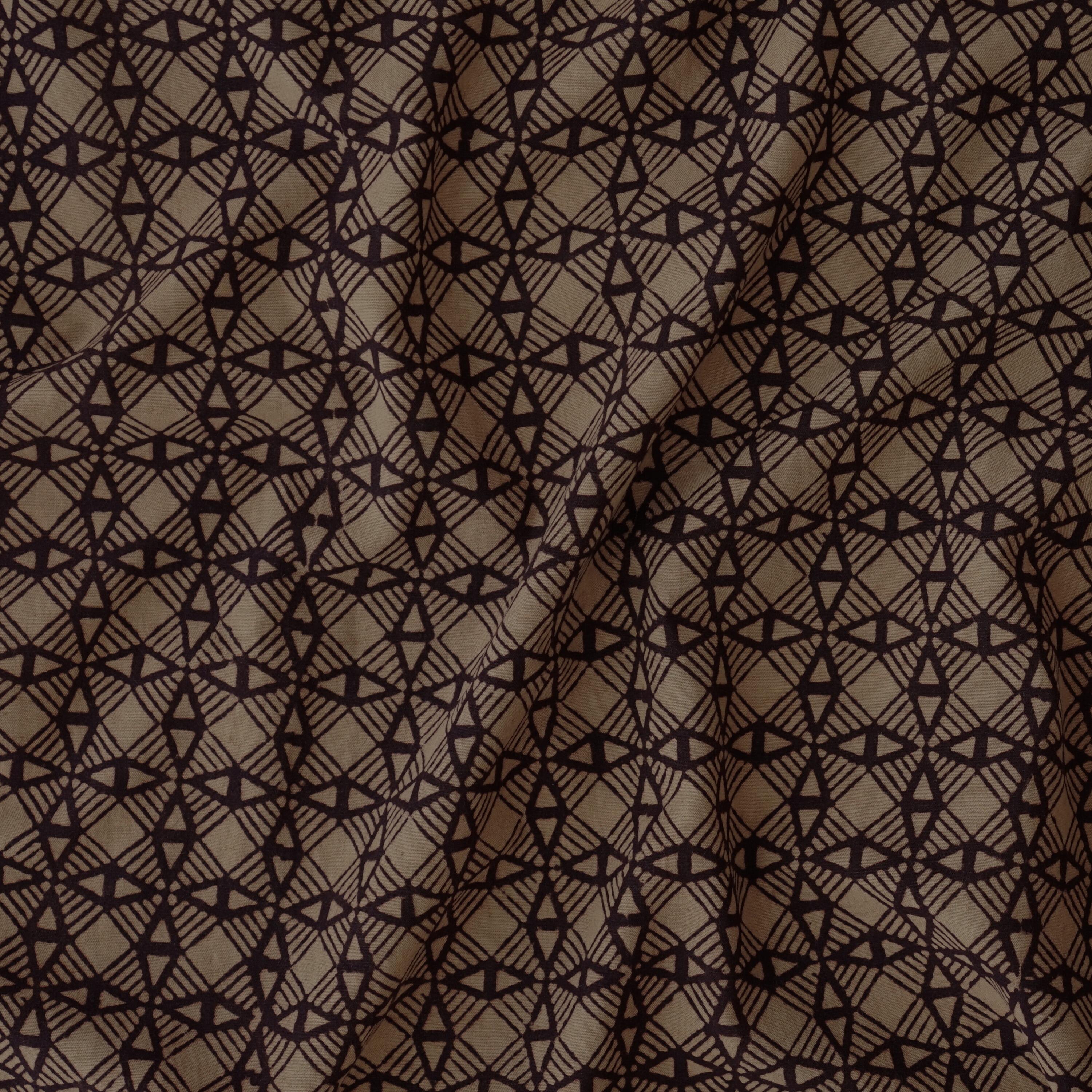 100% Block-Printed Cotton Fabric From India- Bagh - Iron Rust Black & Indigosol Khaki - Big Brother Print - Contrast