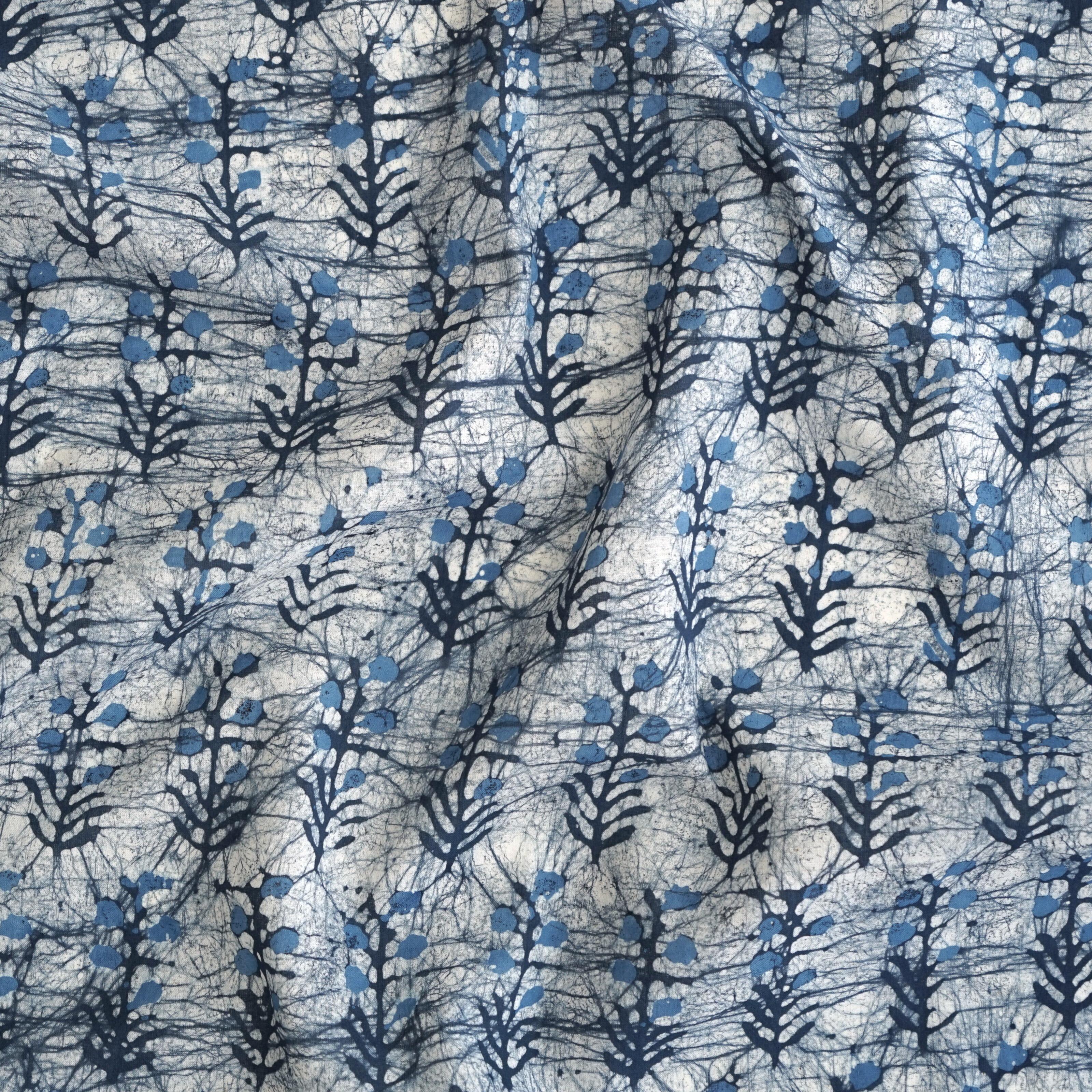 100% Block-Printed Batik Cotton Fabric From India - Batik - Blue Bhil Buto - Contrast