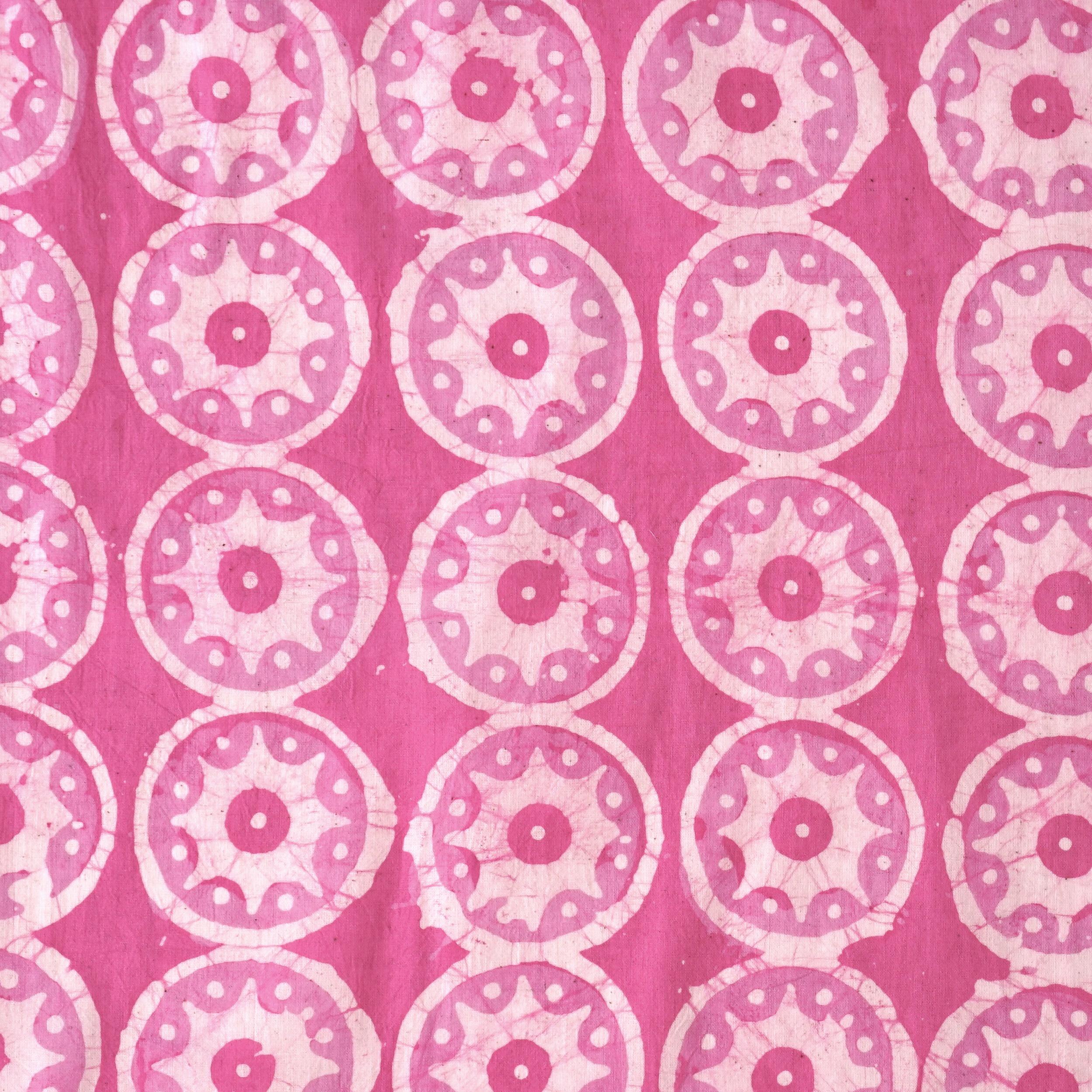 100% Block-Printed Batik Cotton Fabric From India - Pink Reactive Dye - Lollipop - Flat