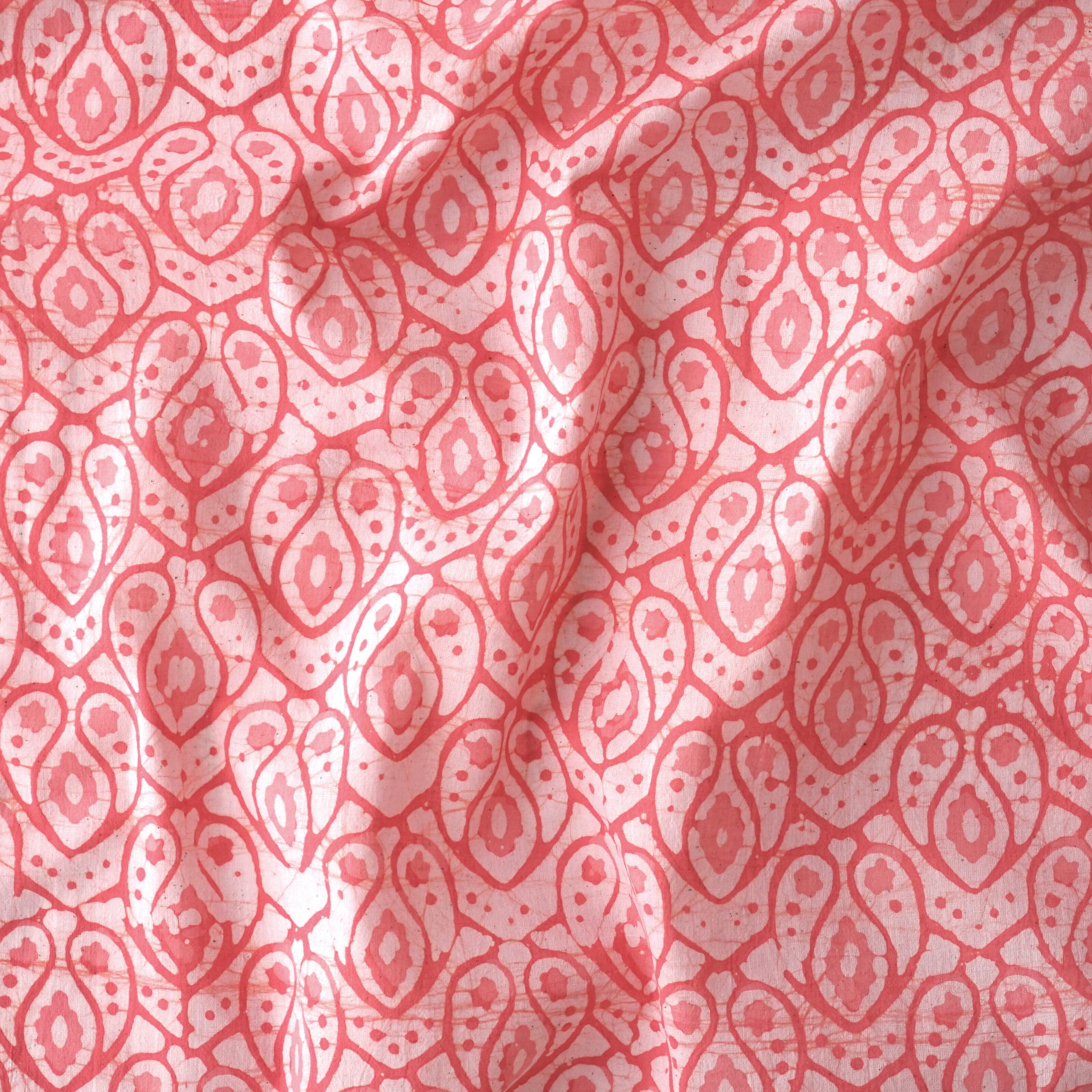 100% Block-Printed Batik Cotton Fabric From India - Tulip Mania Motif - Salmon Dye - Contrast