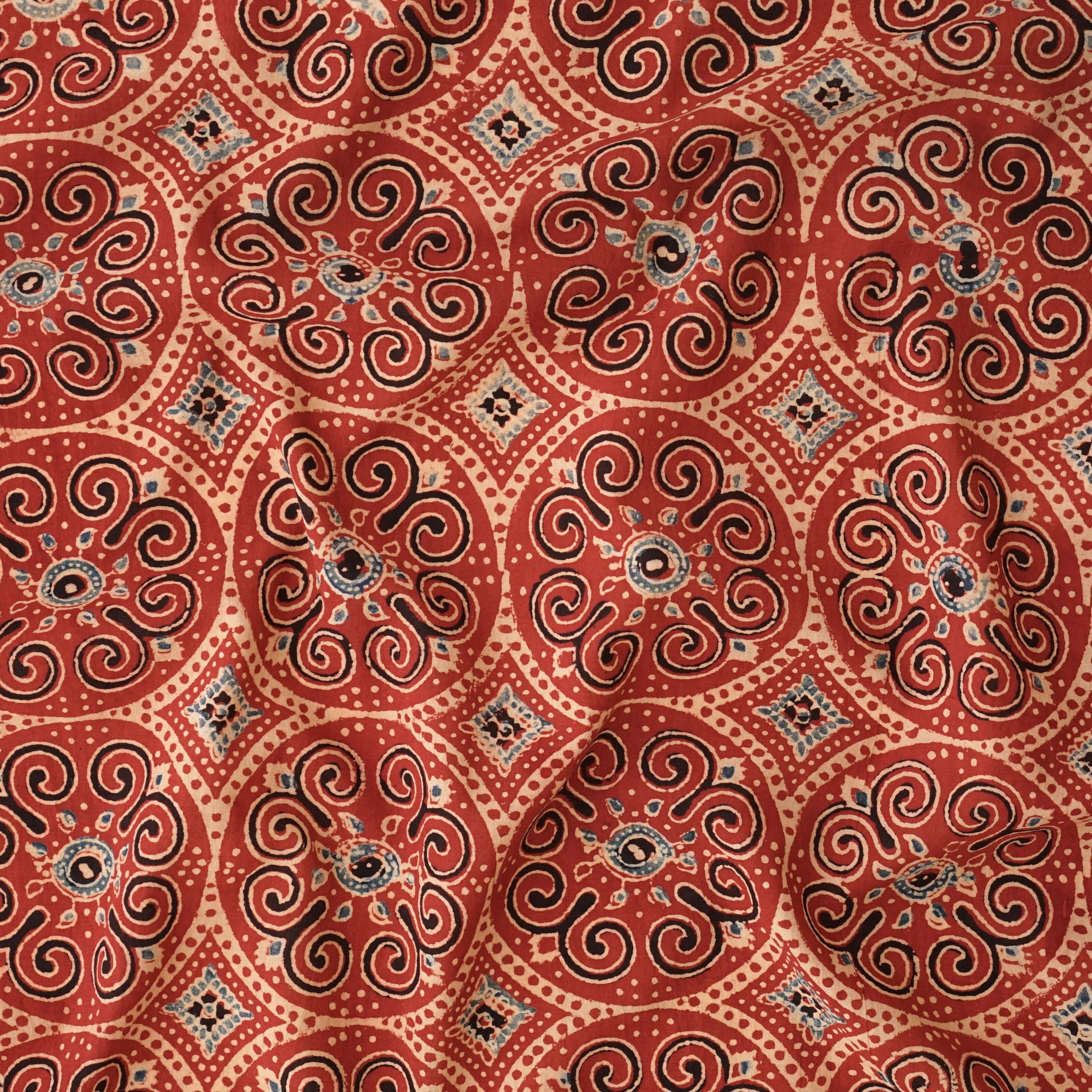 Traditional Ajrak Block-Printed Cotton - Ratatouille Print - Iron Black, Alizarin Red, Indigo - Contrast