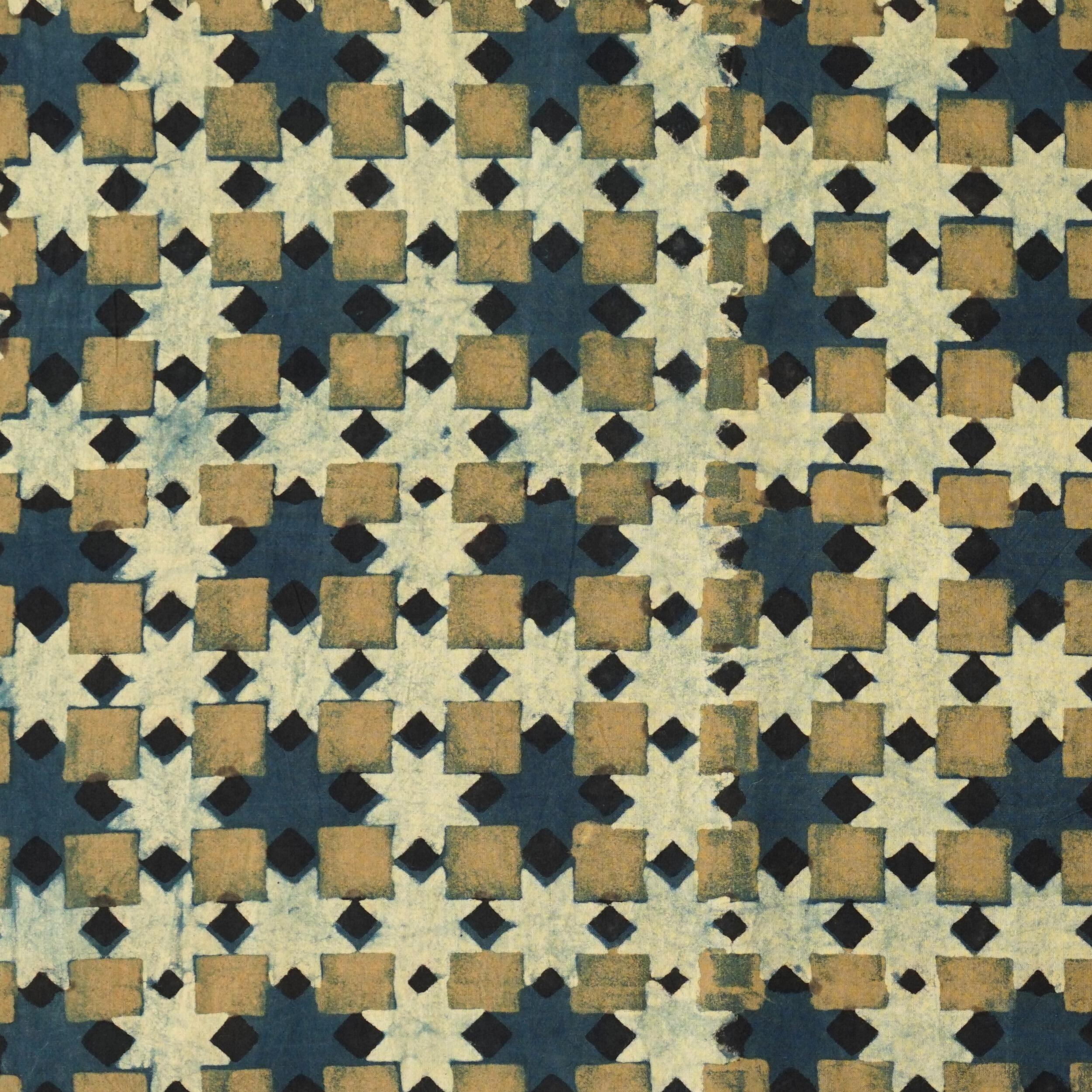 SIK63 - Block-Printed Fabric - 100% Cotton Cloth - Indigo & Yellow Dyes - Blueberry Trifle - Flat