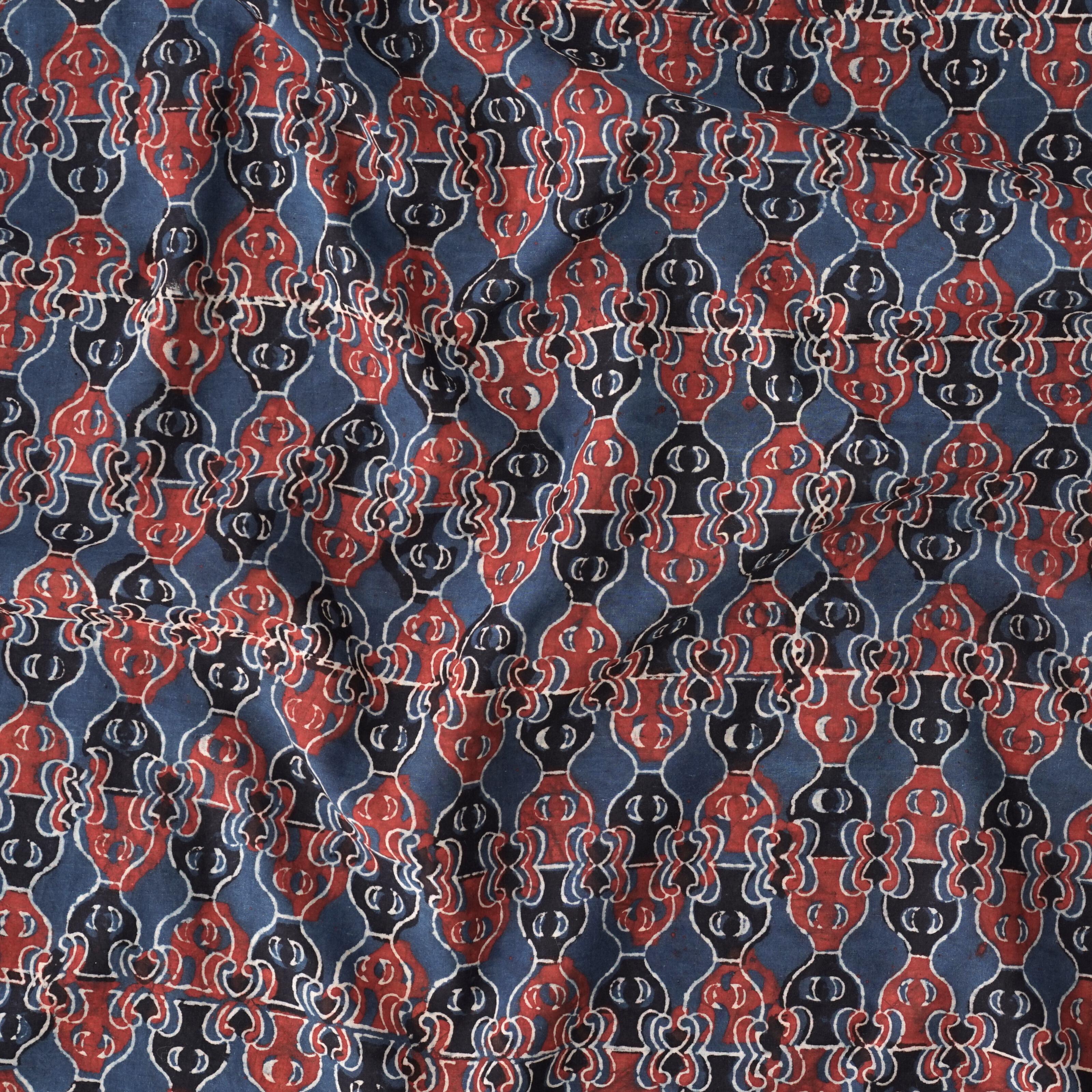Block Printed Fabric, 100% Cotton, Ajrak Design: Indigo Blue Base, Iron Black, Madder Red Pump. Contrast