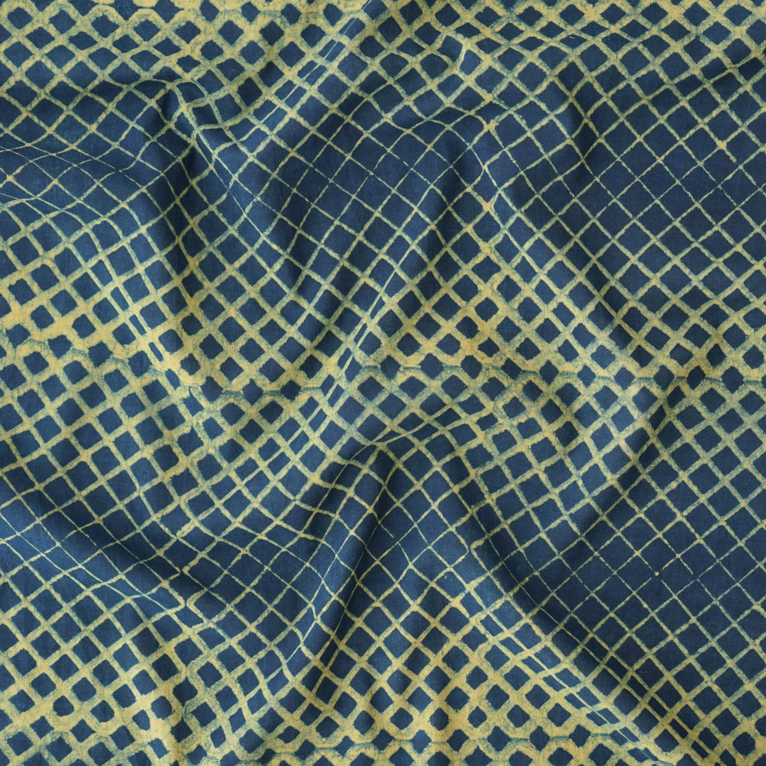 1 - AHM46 - Block-Printed Cotton - Fading Grid Print - Indigo Blue & Tamarisk Yellow Dyed - Contrast