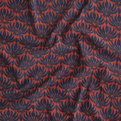 Block-Printed Cotton - Lotus Print - Alizarin and Indigo Dye - Contrast