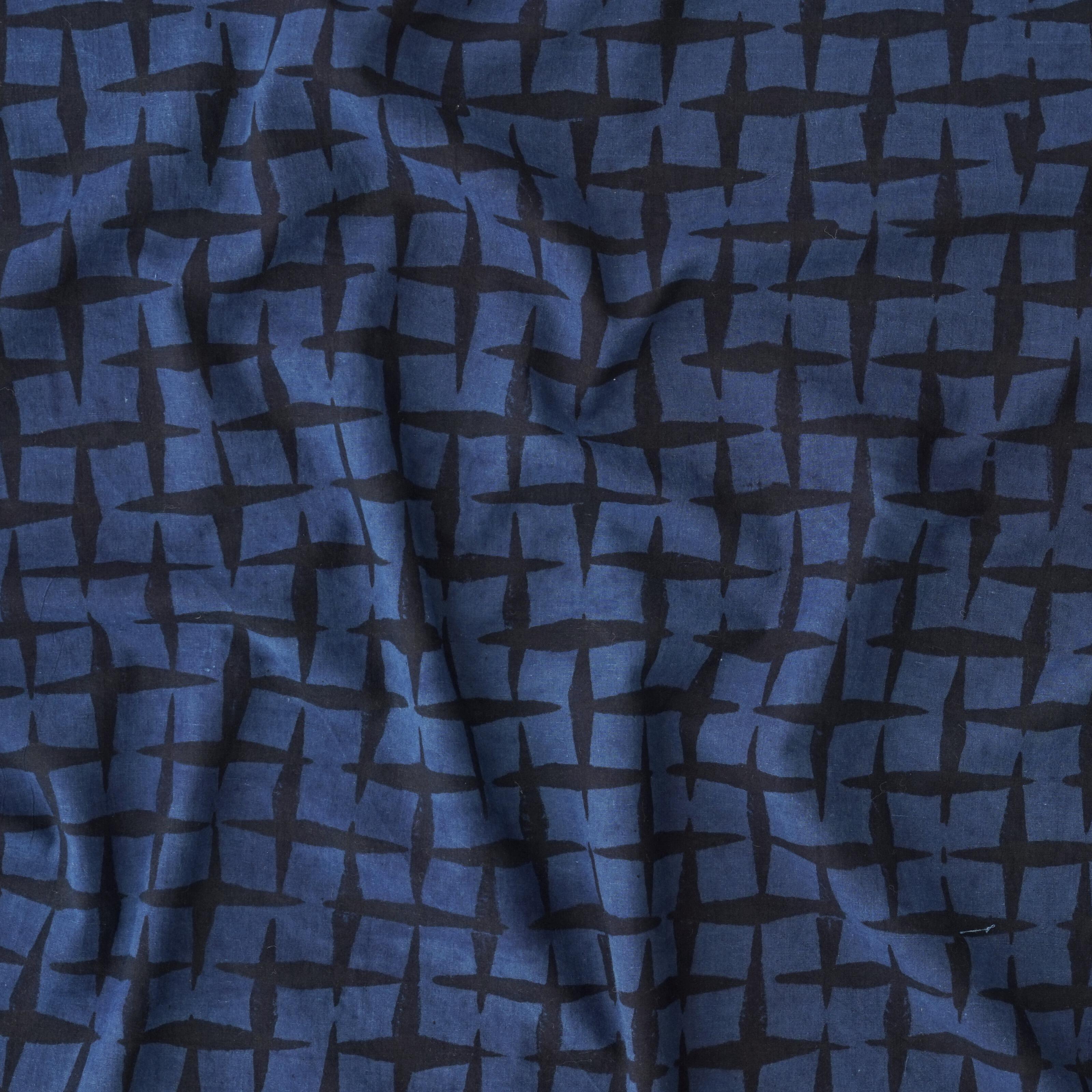 100% Block-Printed Cotton Fabric from India - Ajrak - Indigo Black Crosses Print - Contrast
