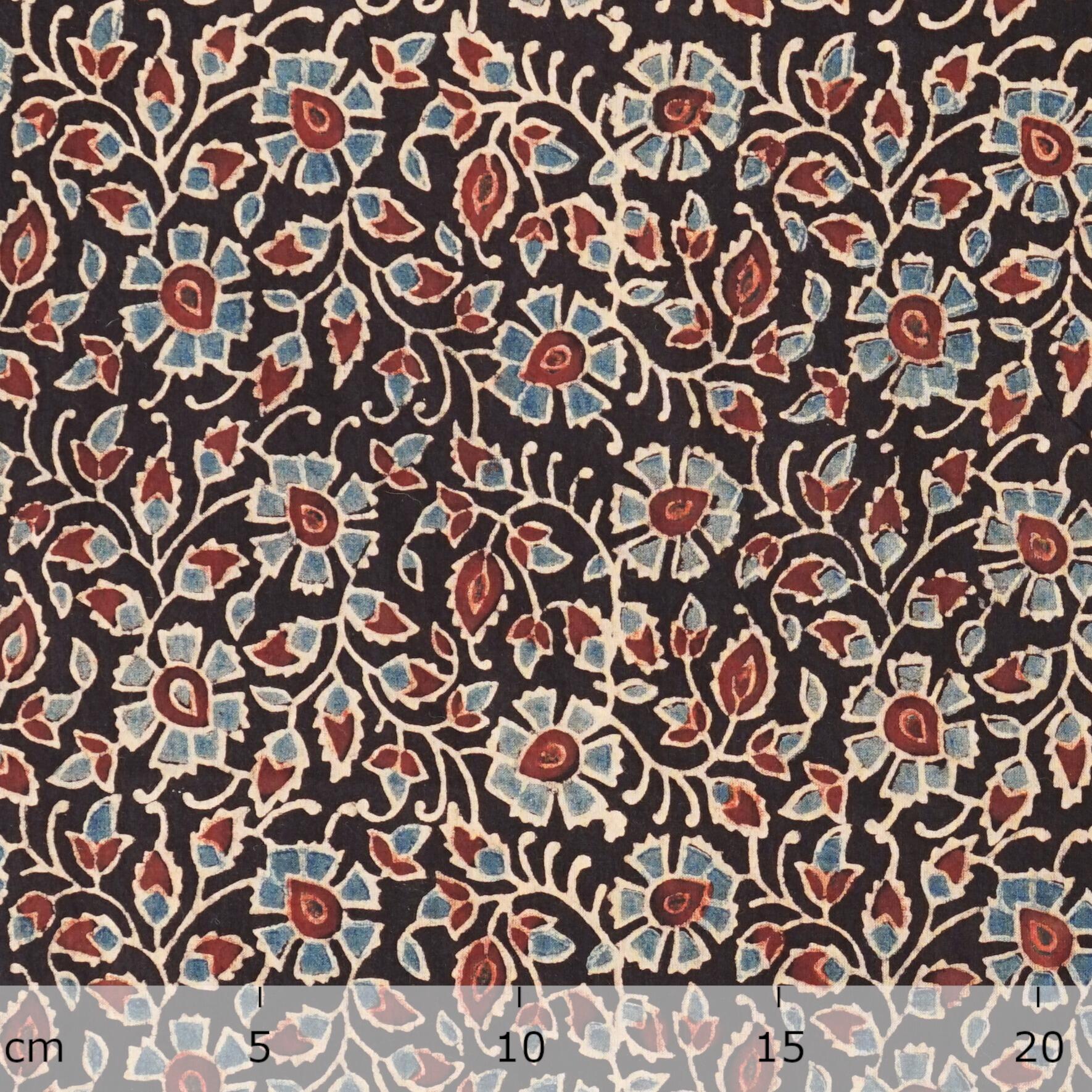 SIK37 - Indian Block-Printed Cotton - Nujiang Design - Indigo, Alizarin and Black Dye - Ruler