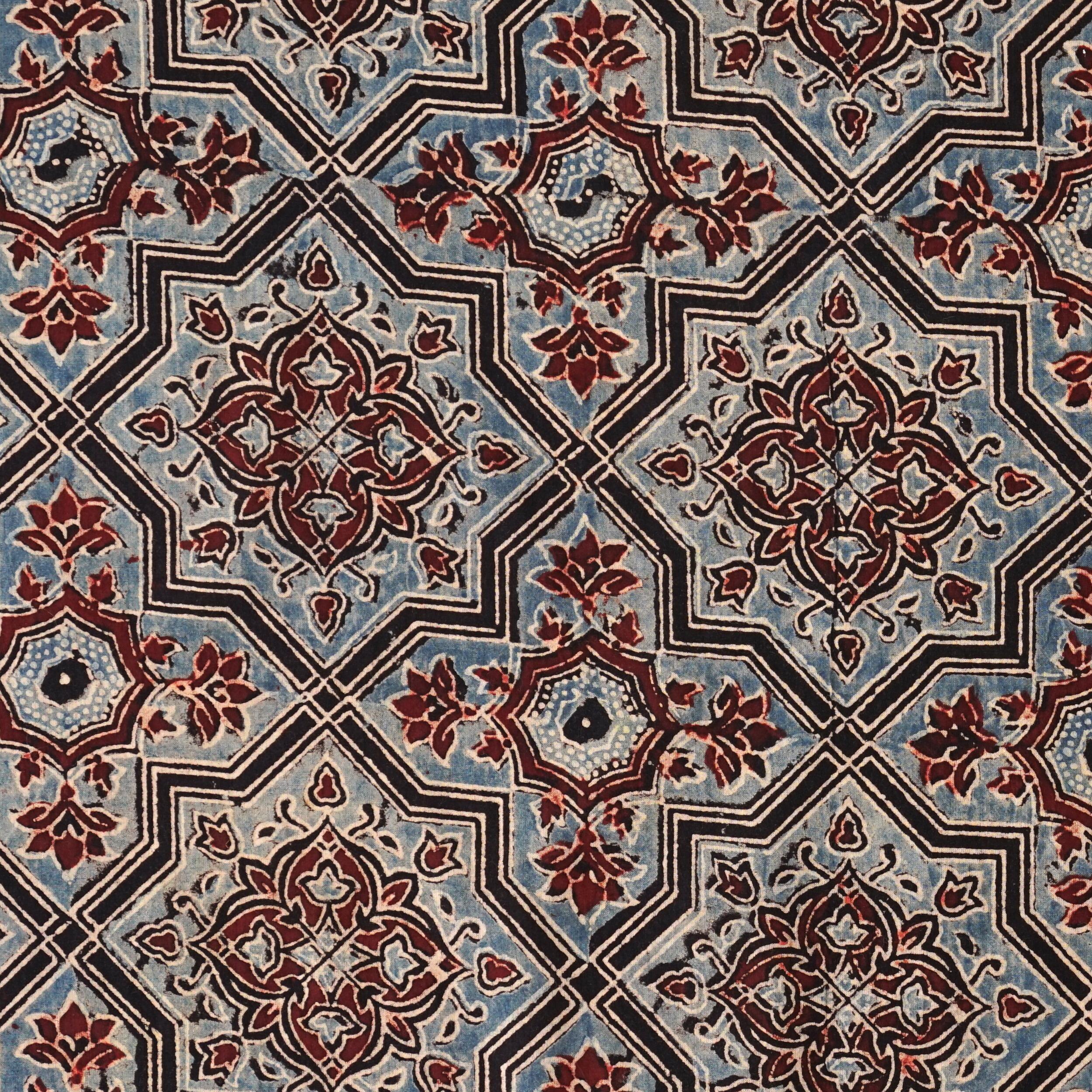 North Indian Block-Printed Cotton - Aaina Mahal Design - Alizarin Red, Indigo and Black Dyes - Flat