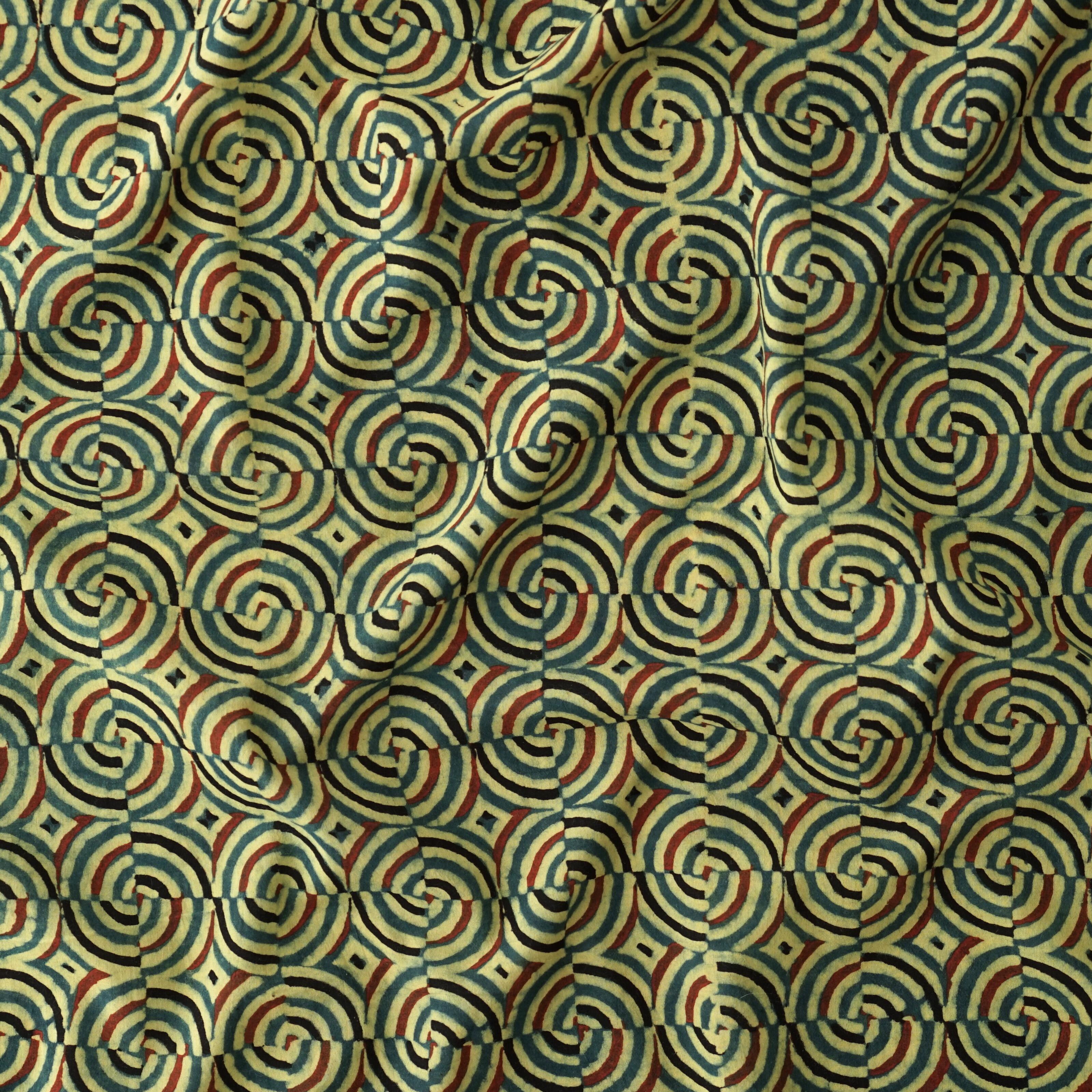 SIK41 - Wood Block-Printed Cotton - Kaleidascope Design - Green Indigo, Yellow, Red & Black Dye - Contrast