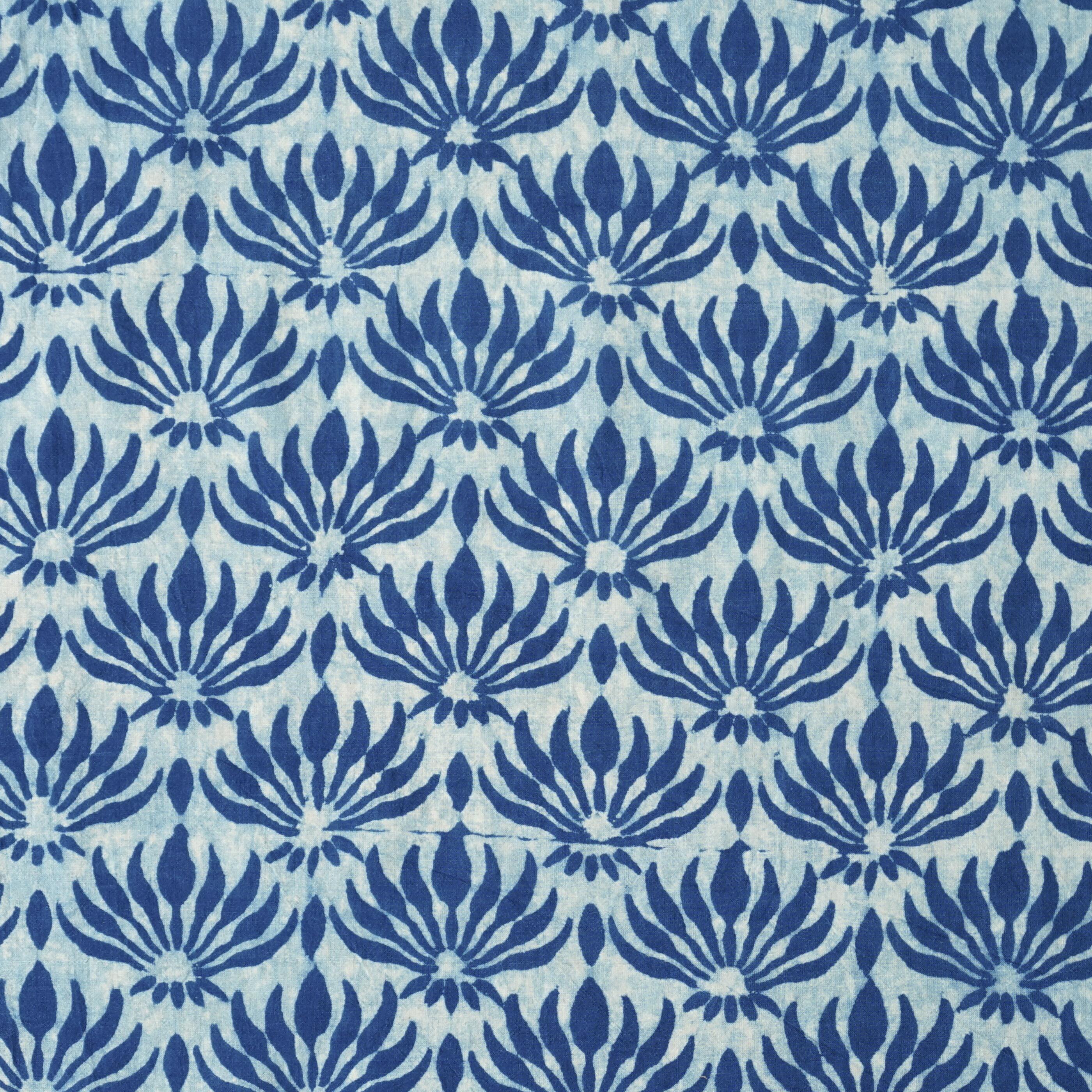 100% Block-Printed Cotton Fabric from India - Ajrak - Indigo White Lotus Flower Print - Flat