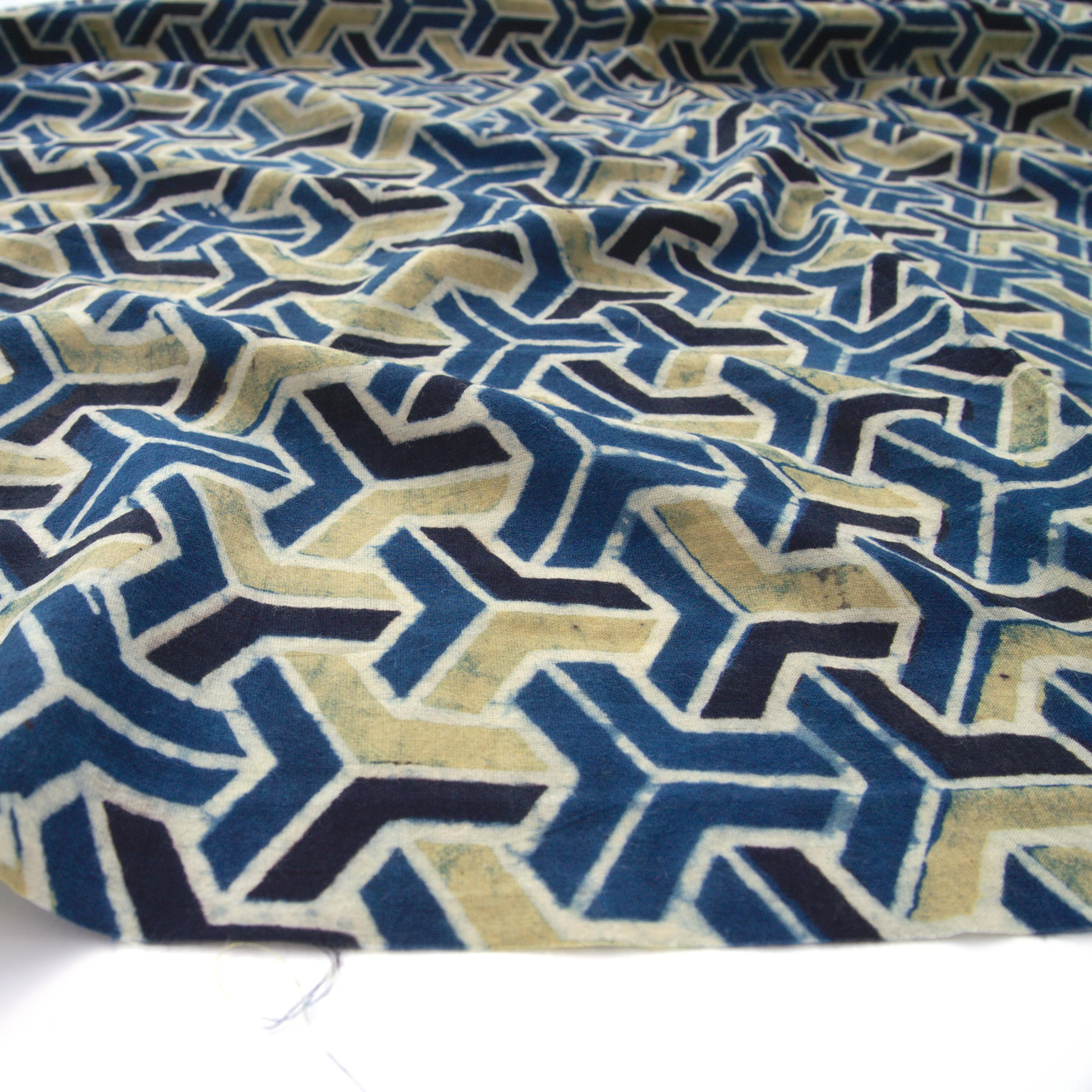 Block Printed Fabric, 100% Cotton, Ajrak Design: Blue Base, Black, Lime Tumbling Block. Angle