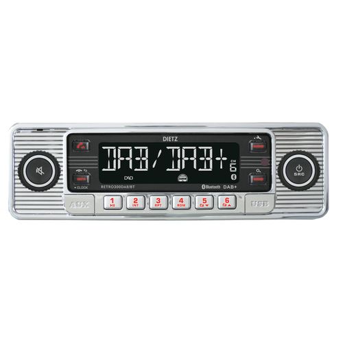 Retro Car Stereo 300 DAB/BT Digital Radio Bluetooth Front USB AUX Chrome & Black