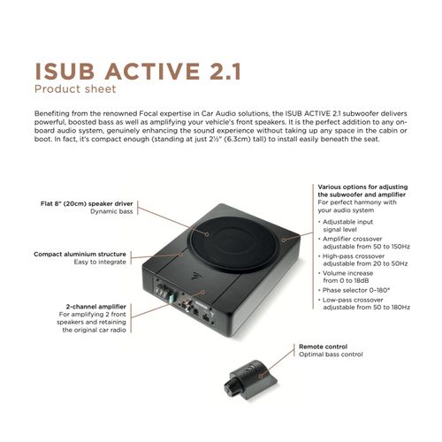 Focal ISUB Active 2.1 Compact Underseat Car Subwoofer with 2 Channel Amplifier