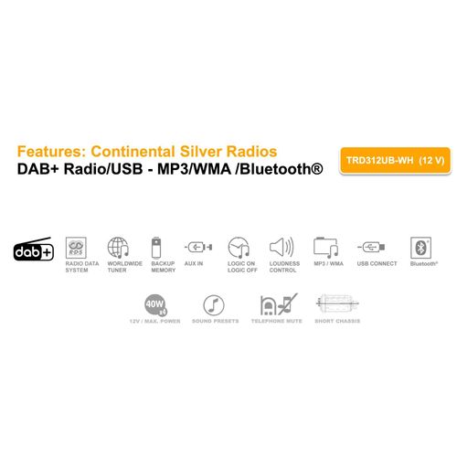 Continental TRD312UB-WH Bluetooth Car Stereo DAB Radio USB AUX Retro OEM Look