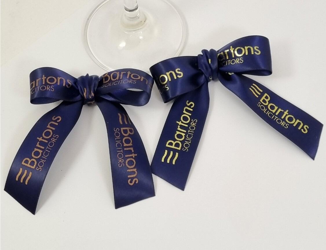Navy blue and gold printed personalised bows with logo for bottles