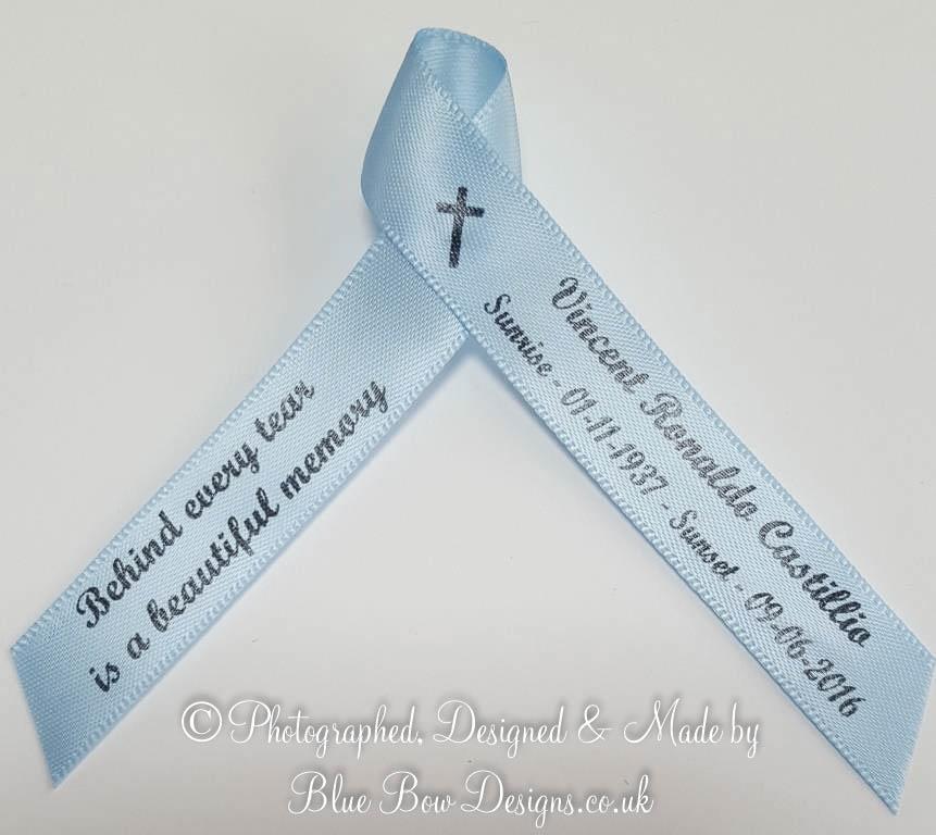 15 mm memorial ribbon black print and baby blue ribbon