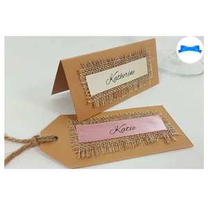 Rustic wedding place cards and tags. Kraft brown card and hessian